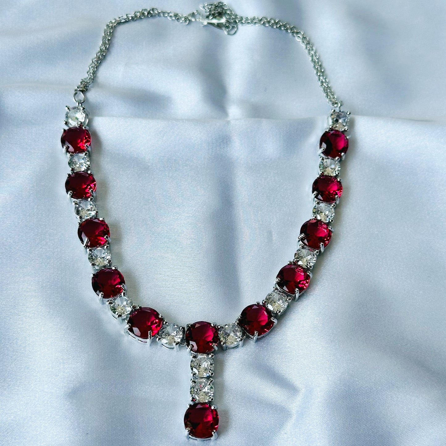 Red Ruby Cubic Zircon Stones American Diamond Silver Plated Necklace Set