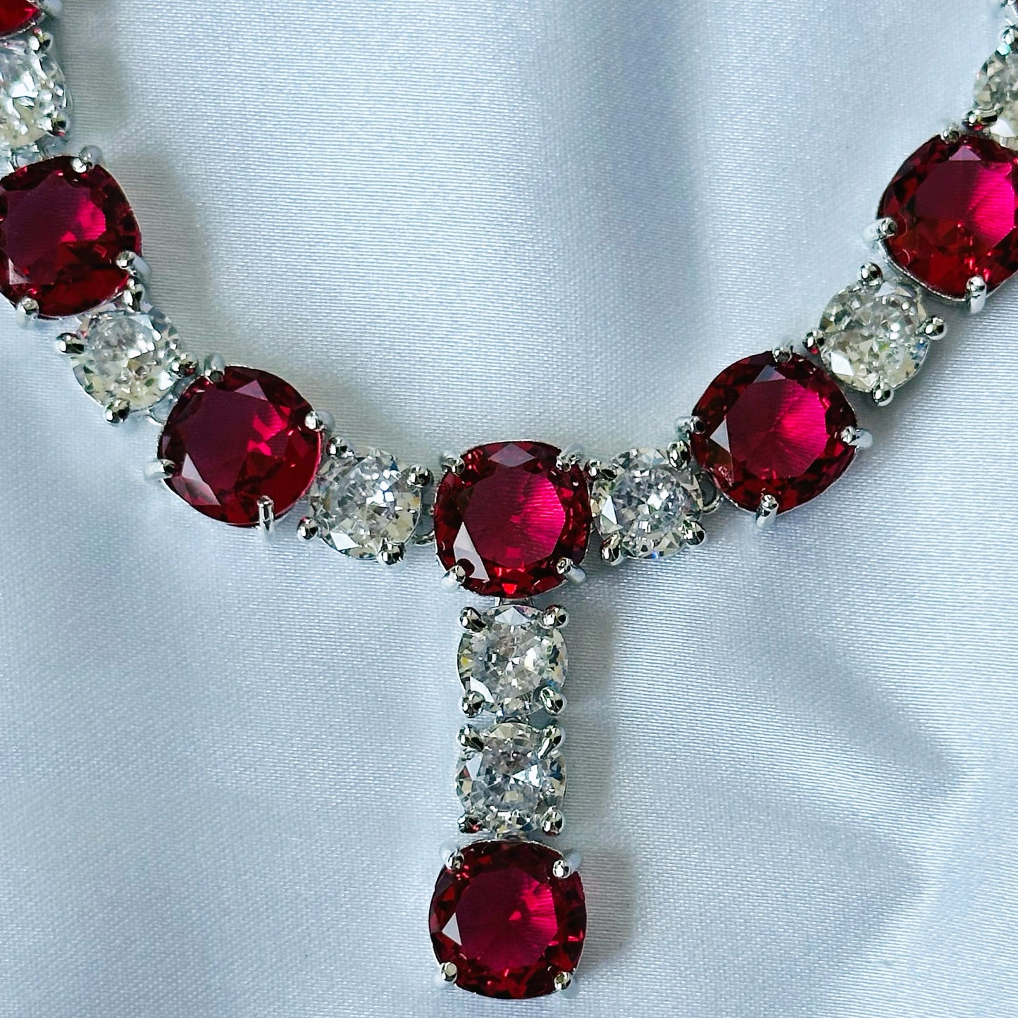 Red Ruby Cubic Zircon Stones American Diamond Silver Plated Necklace Set