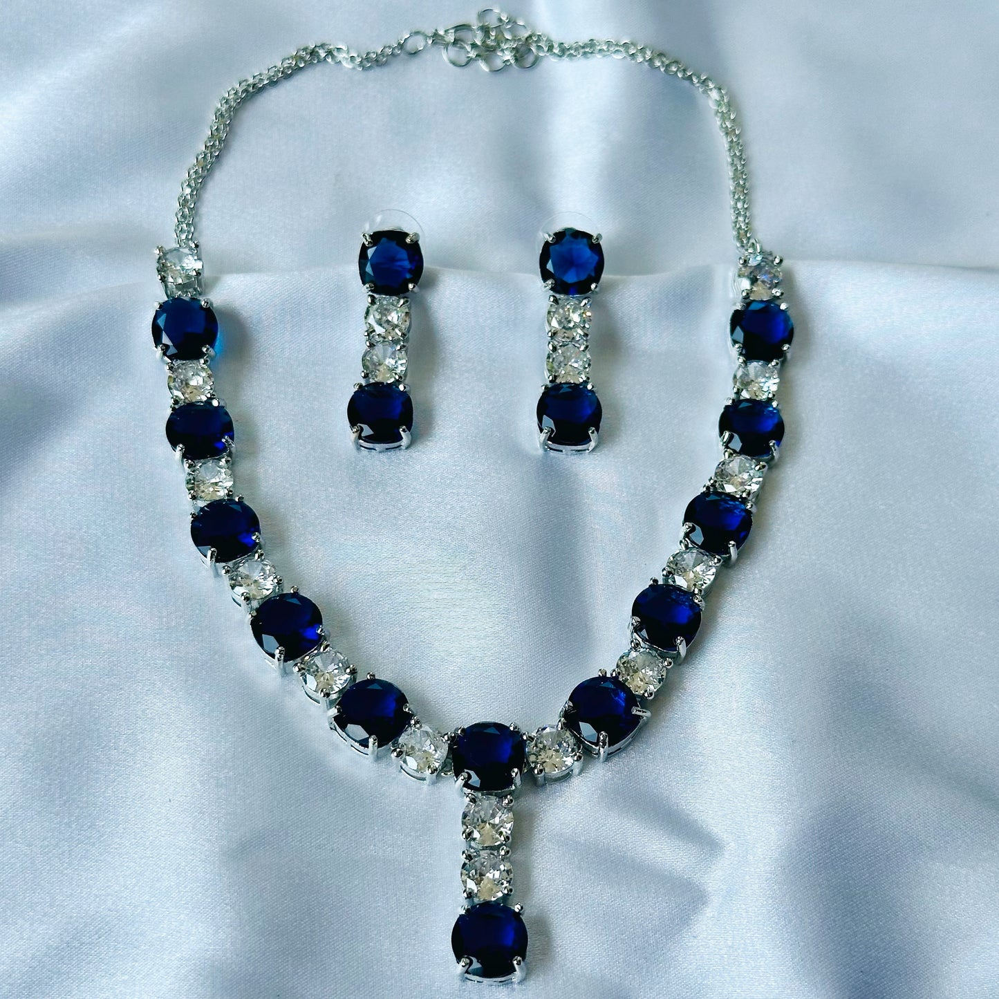 Blue Sapphire Cubic Zircon Stones American Diamond Silver Plated Necklace Set
