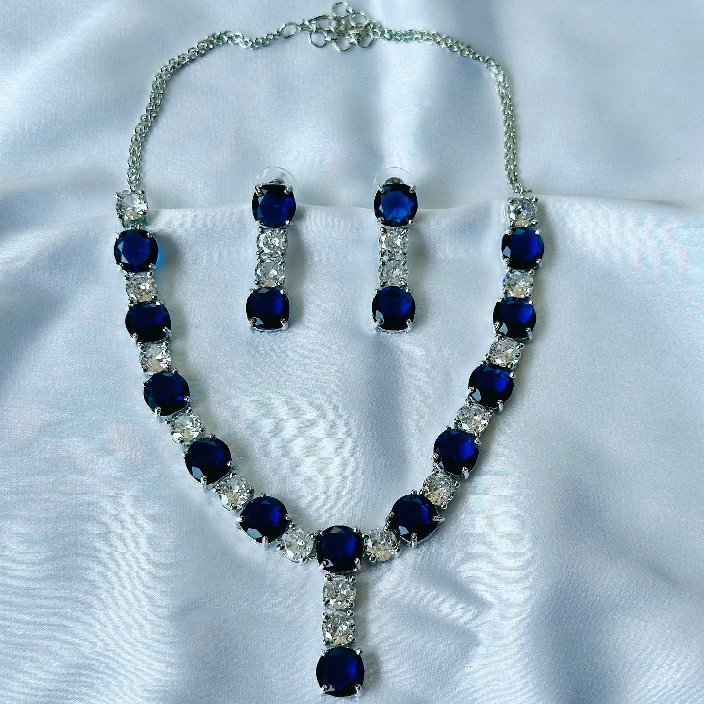 Blue Sapphire Cubic Zircon Stones American Diamond Silver Plated Necklace Set