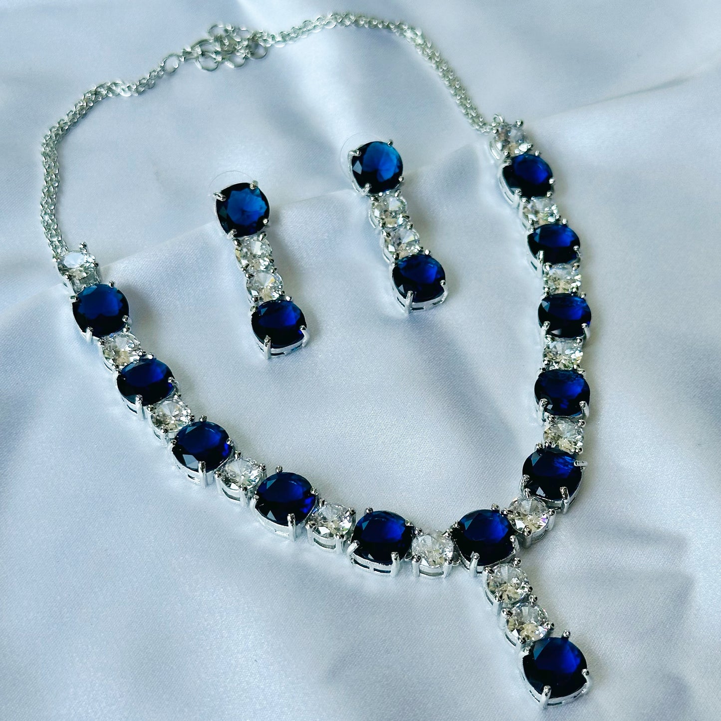 Blue Sapphire Cubic Zircon Stones American Diamond Silver Plated Necklace Set