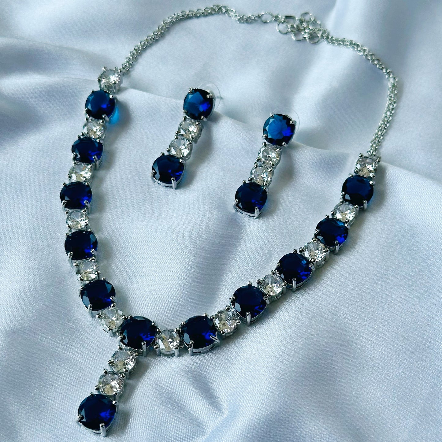Blue Sapphire Cubic Zircon Stones American Diamond Silver Plated Necklace Set