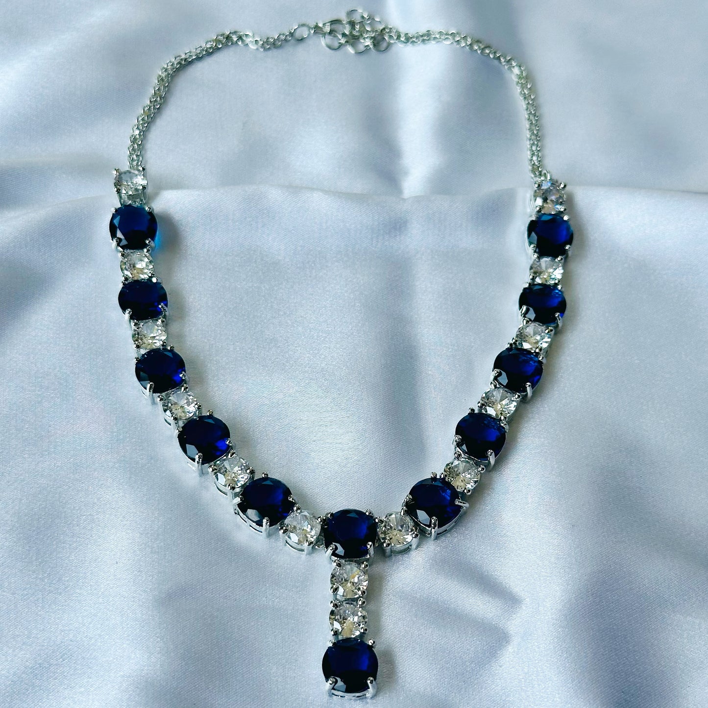 Blue Sapphire Cubic Zircon Stones American Diamond Silver Plated Necklace Set