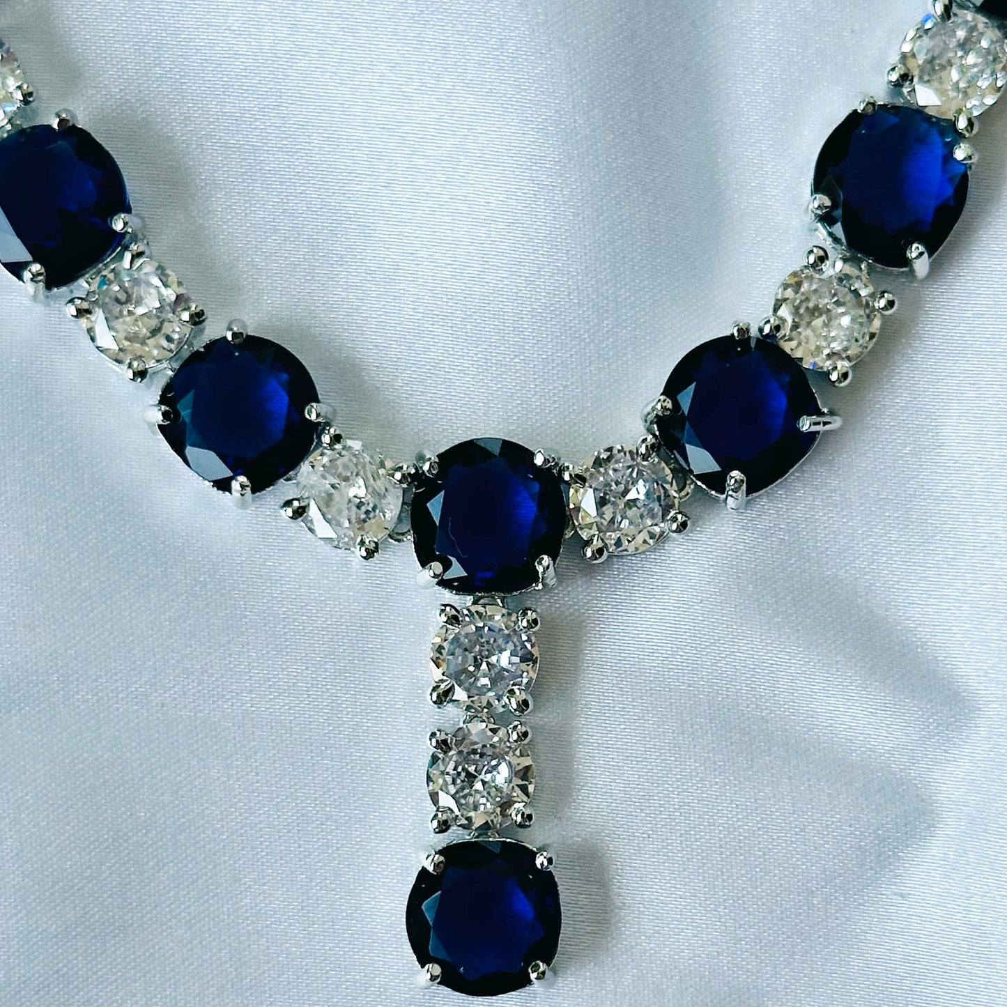 Blue Sapphire Cubic Zircon Stones American Diamond Silver Plated Necklace Set