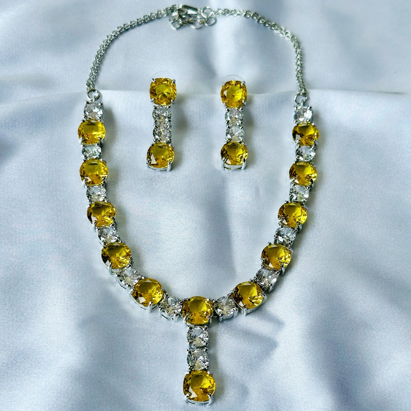 Yellow Topaz Cubic Zircon Stones American Diamond Silver Plated Necklace Set