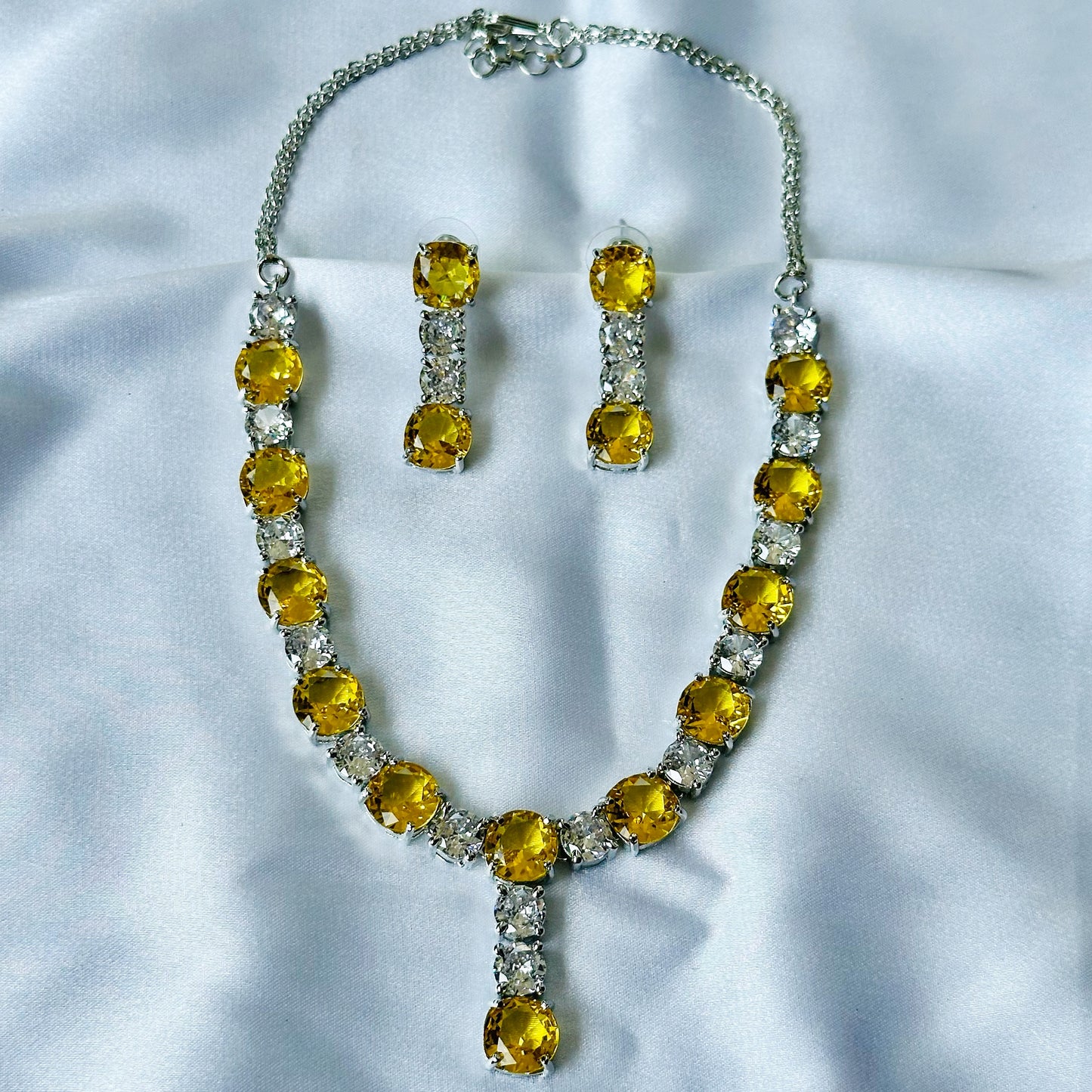 Yellow Topaz Cubic Zircon Stones American Diamond Silver Plated Necklace Set
