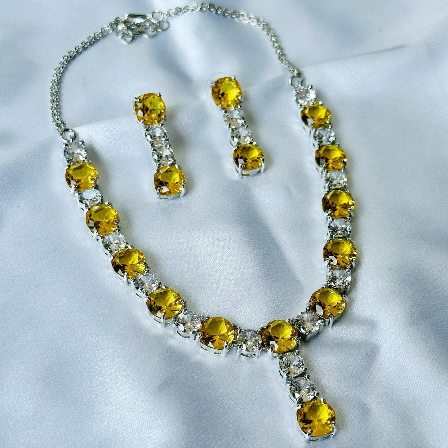 Yellow Topaz Cubic Zircon Stones American Diamond Silver Plated Necklace Set
