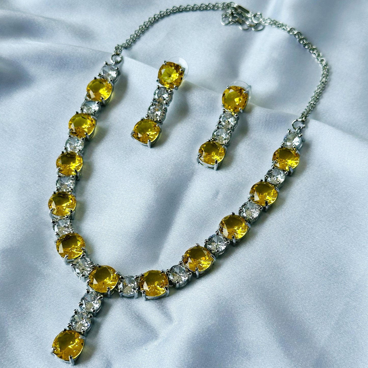 Yellow Topaz Cubic Zircon Stones American Diamond Silver Plated Necklace Set