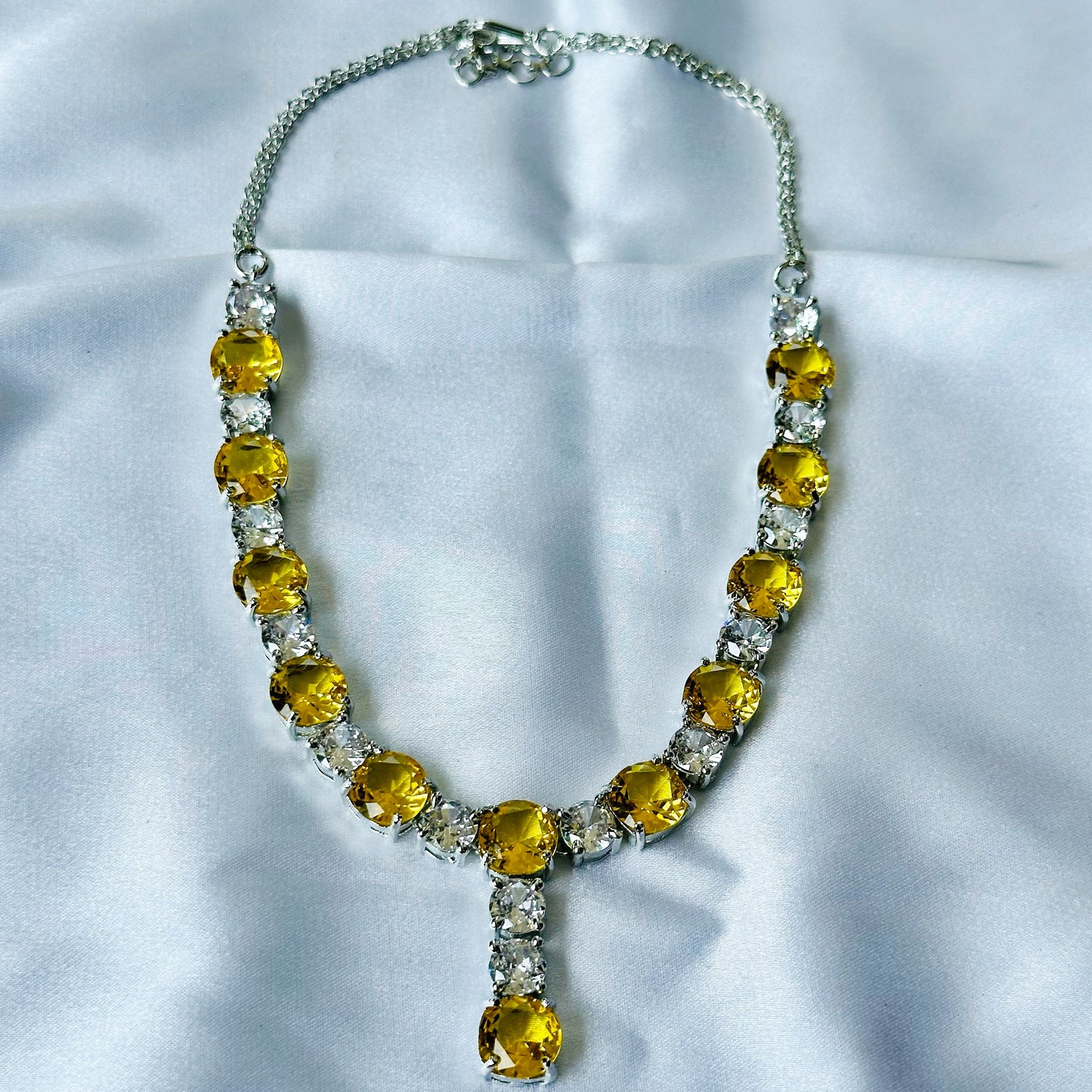 Yellow Topaz Cubic Zircon Stones American Diamond Silver Plated Necklace Set
