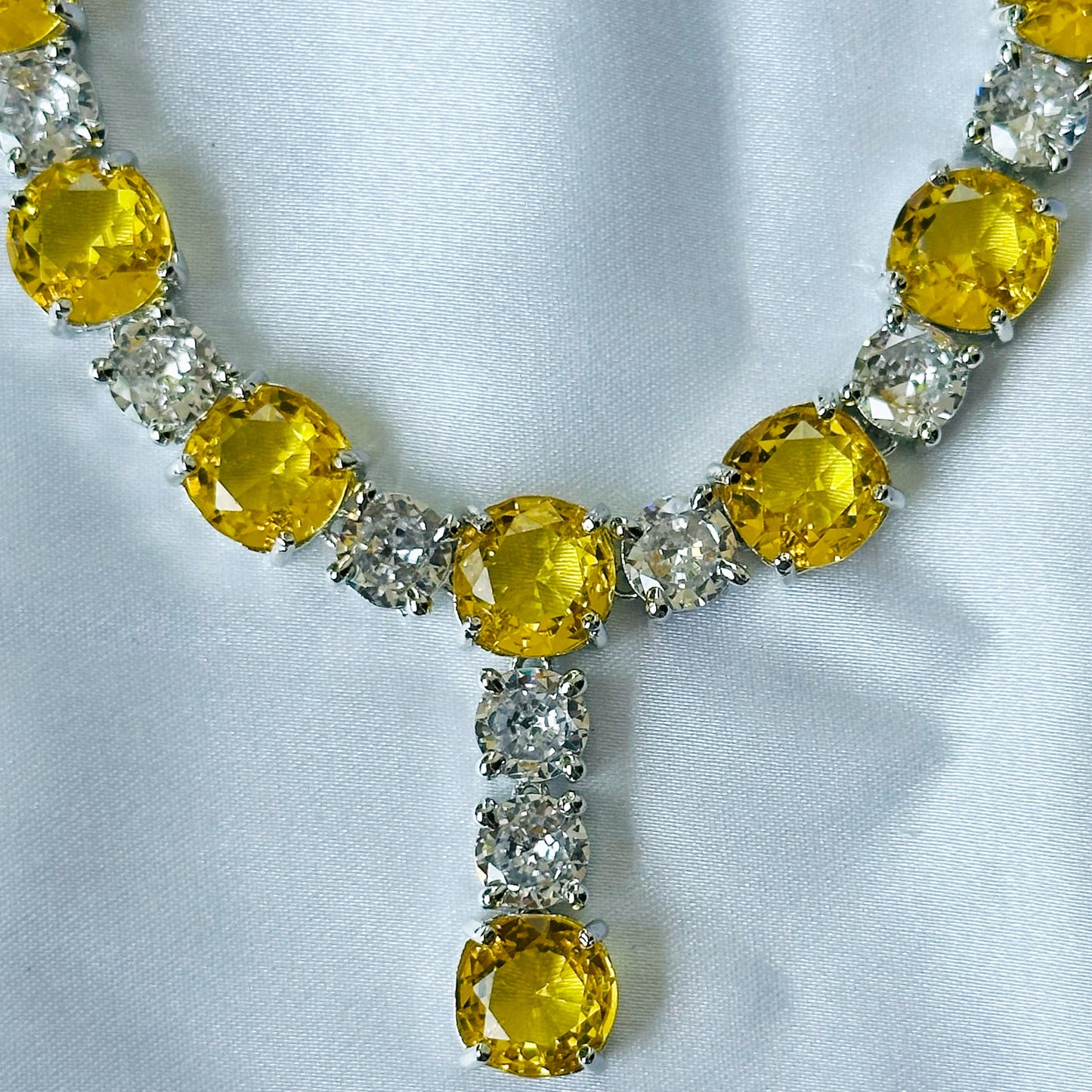 Yellow Topaz Cubic Zircon Stones American Diamond Silver Plated Necklace Set