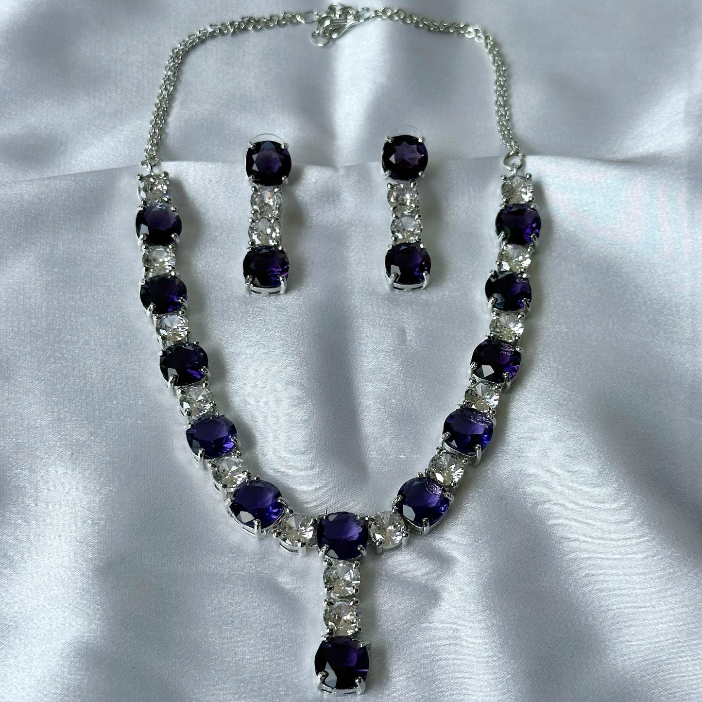 Purple Amethyst Cubic Zircon Stones American Diamond Silver Plated Necklace Set