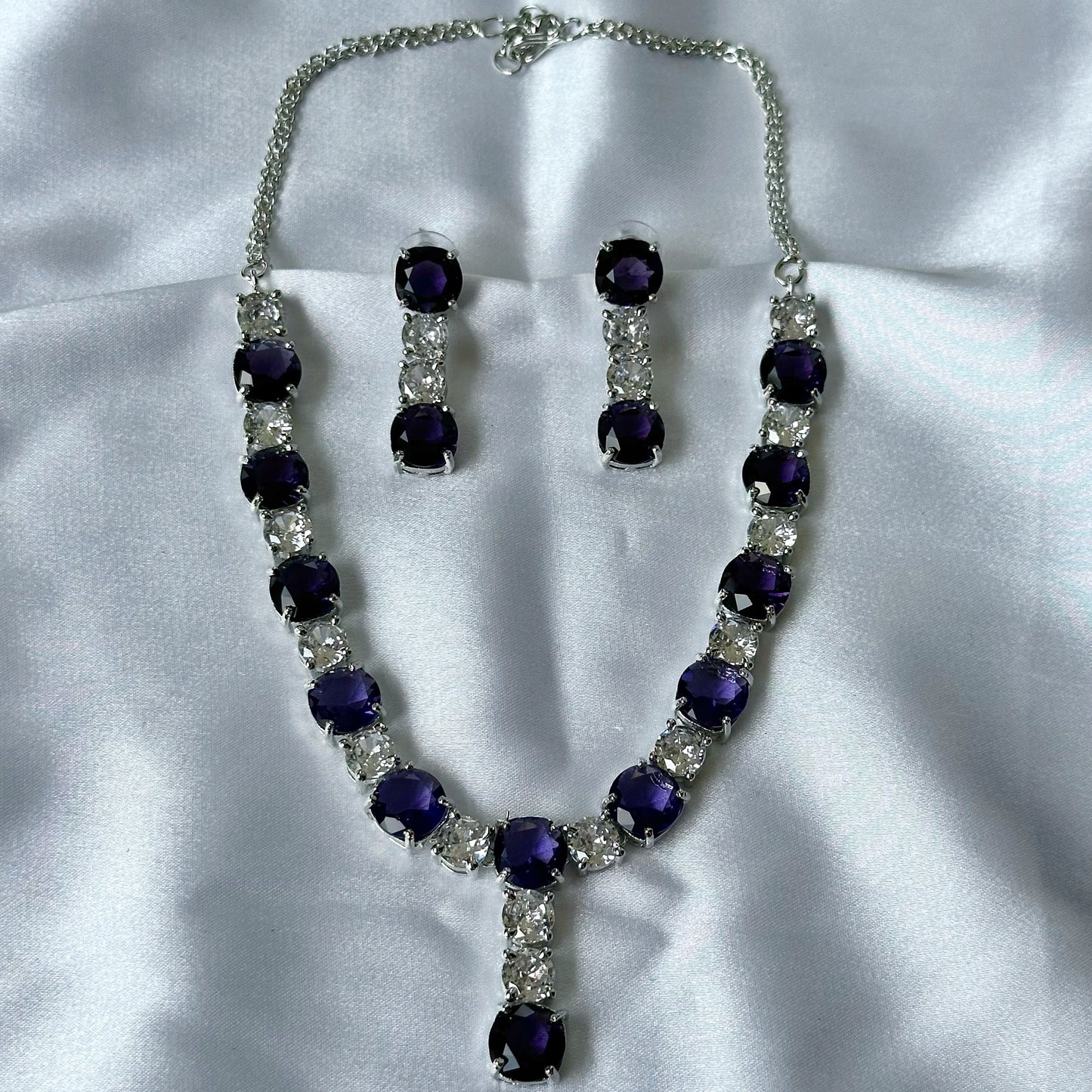 Purple Amethyst Cubic Zircon Stones American Diamond Silver Plated Necklace Set