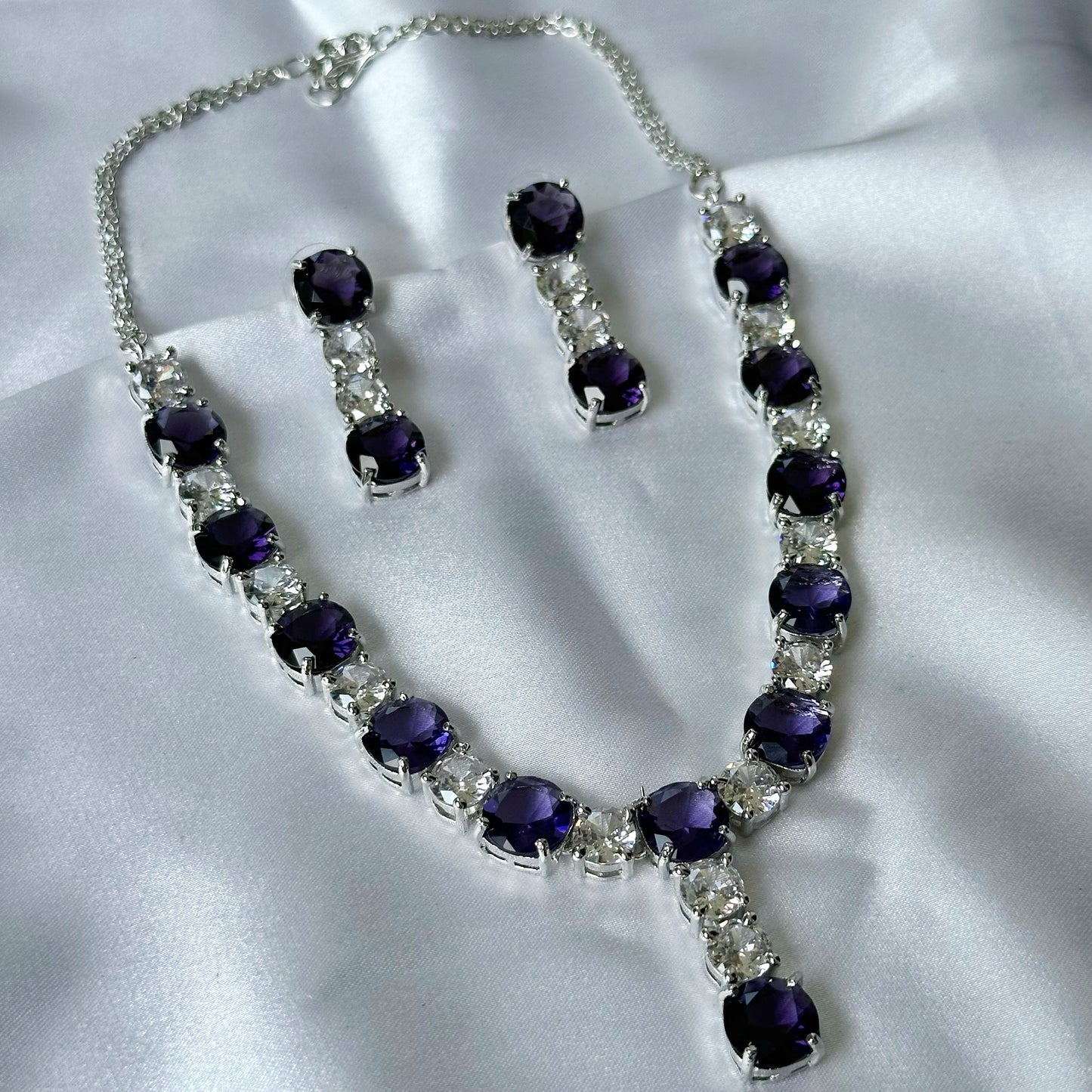 Purple Amethyst Cubic Zircon Stones American Diamond Silver Plated Necklace Set