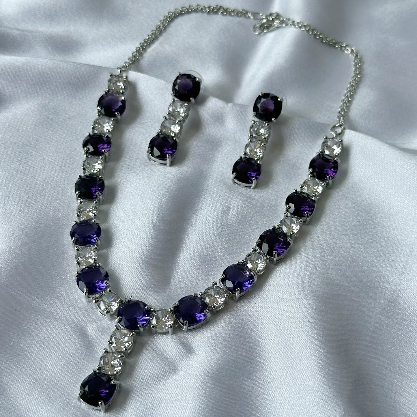 Purple Amethyst Cubic Zircon Stones American Diamond Silver Plated Necklace Set