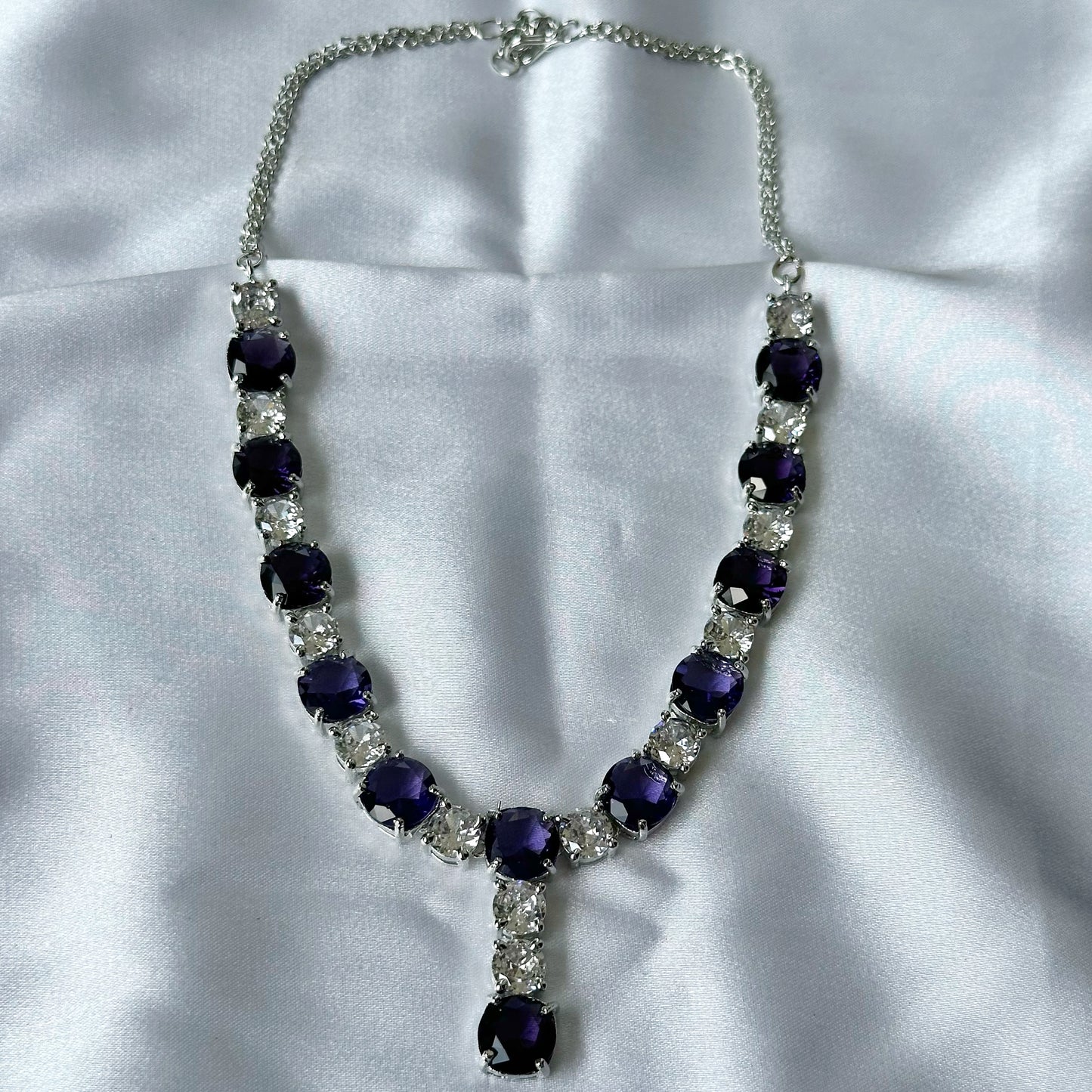 Purple Amethyst Cubic Zircon Stones American Diamond Silver Plated Necklace Set