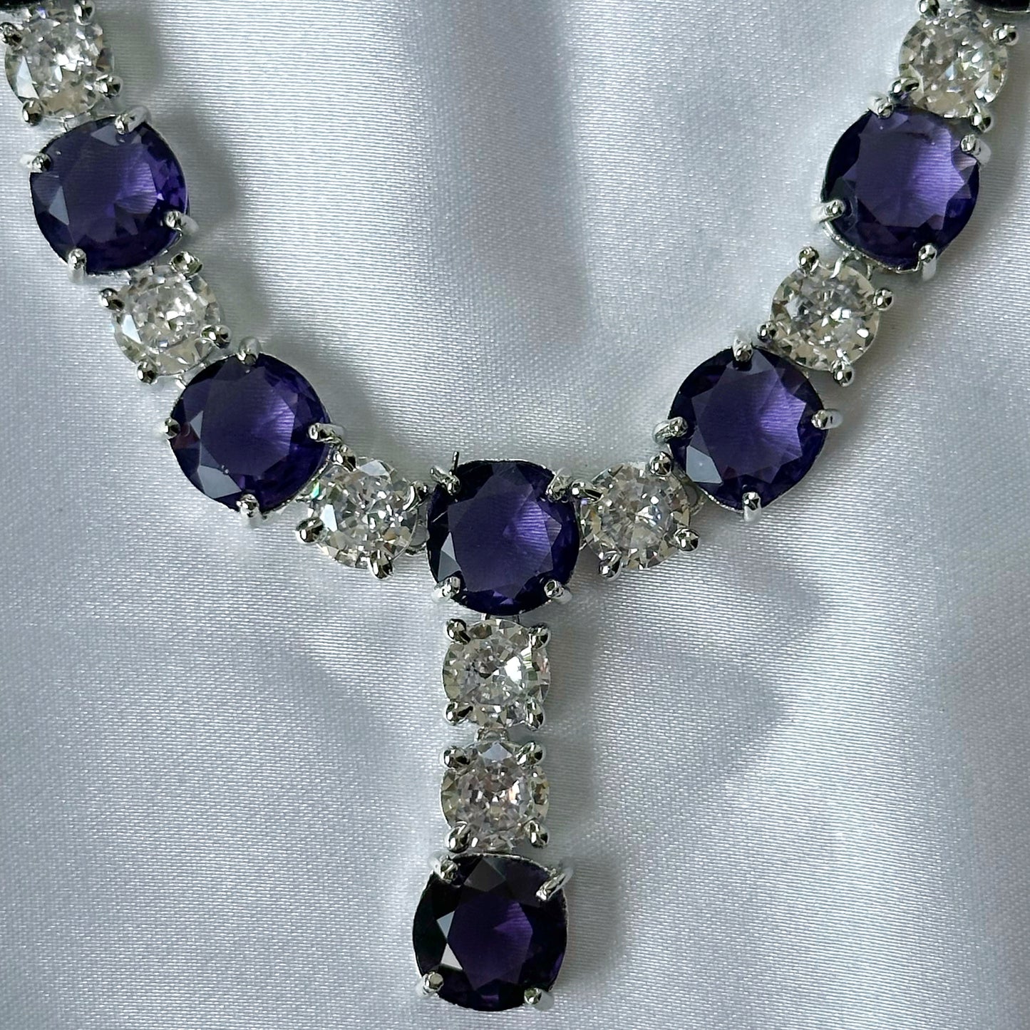 Purple Amethyst Cubic Zircon Stones American Diamond Silver Plated Necklace Set