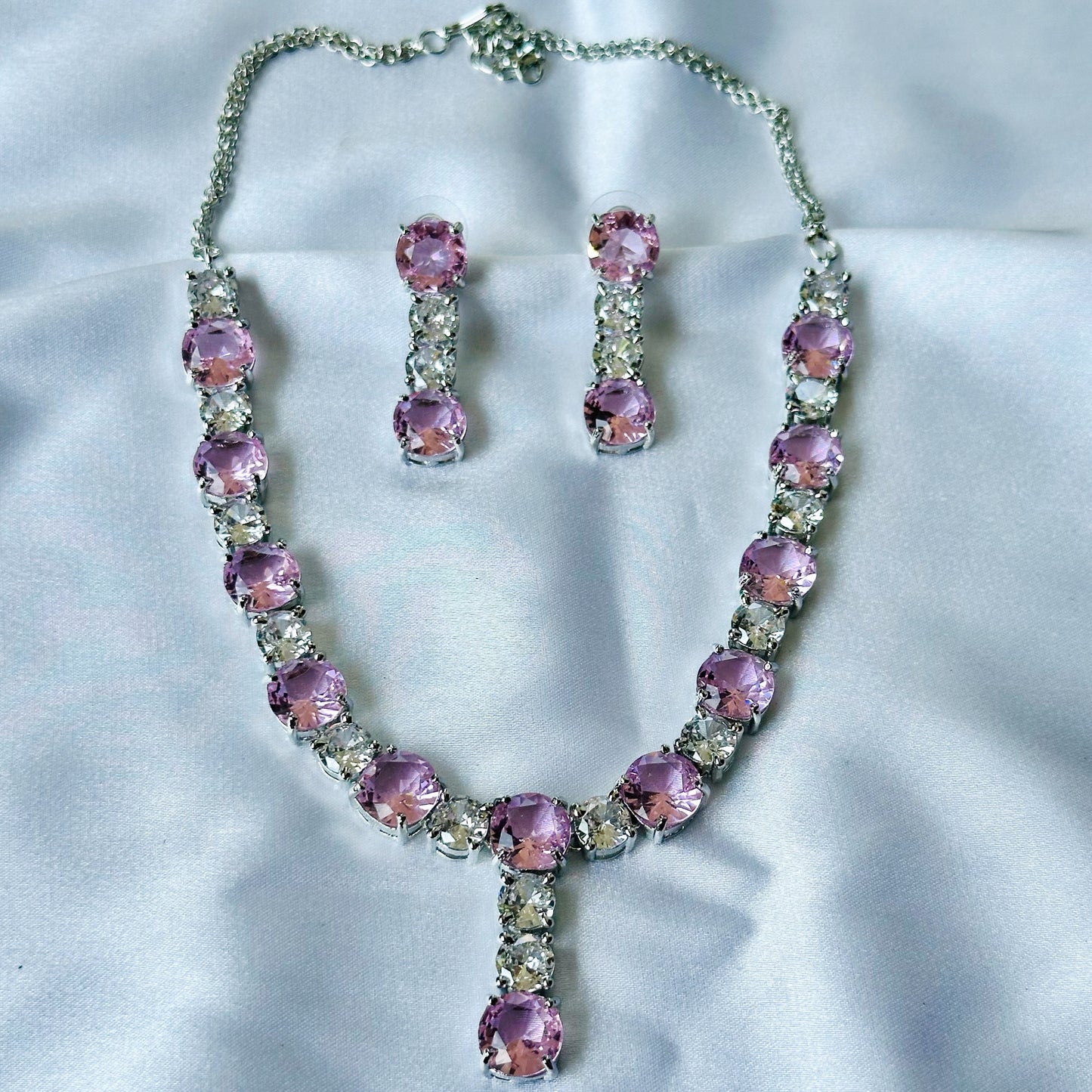 Pink Topaz Cubic Zircon Stones American Diamond Silver Plated Necklace Set