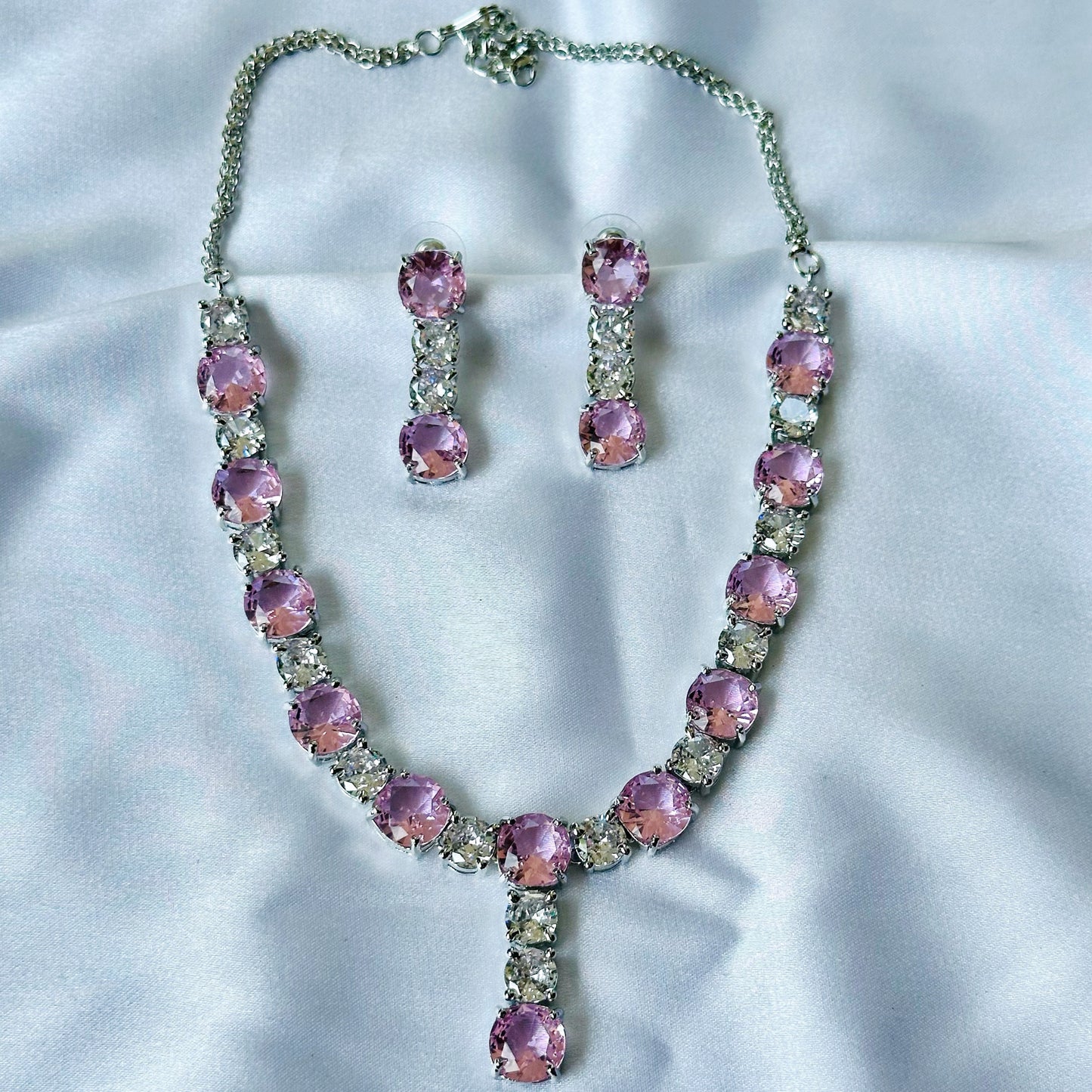 Pink Topaz Cubic Zircon Stones American Diamond Silver Plated Necklace Set