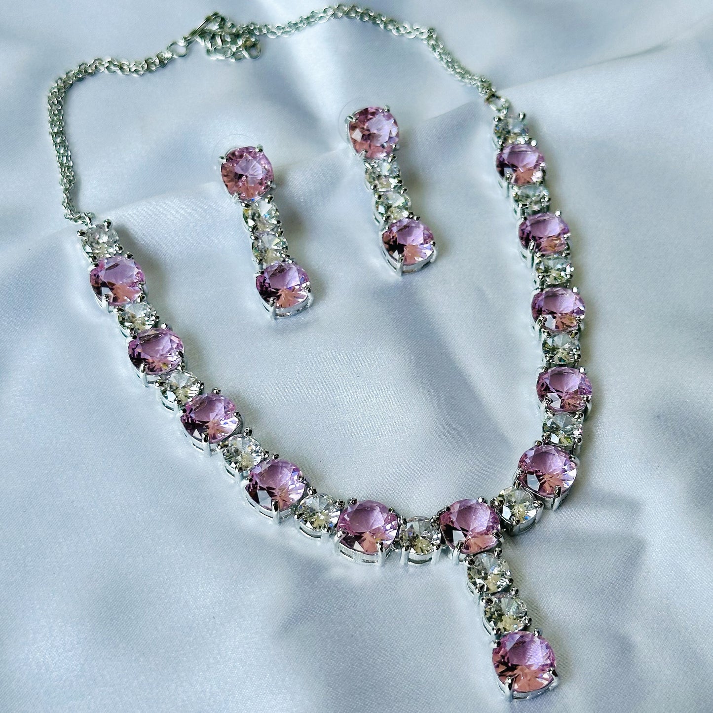 Pink Topaz Cubic Zircon Stones American Diamond Silver Plated Necklace Set