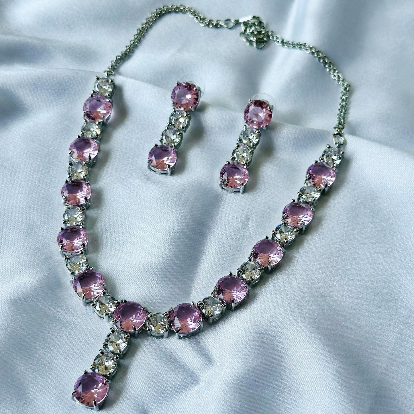 Pink Topaz Cubic Zircon Stones American Diamond Silver Plated Necklace Set