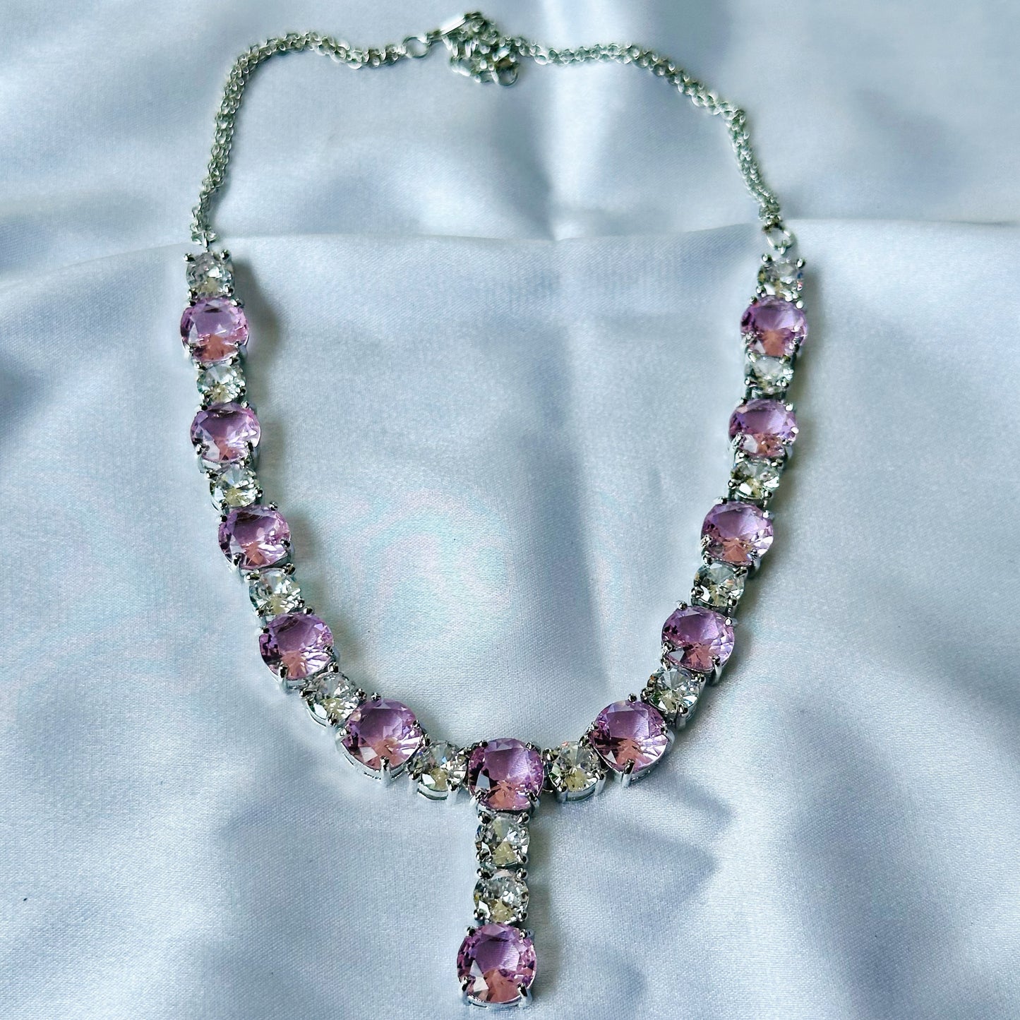 Pink Topaz Cubic Zircon Stones American Diamond Silver Plated Necklace Set