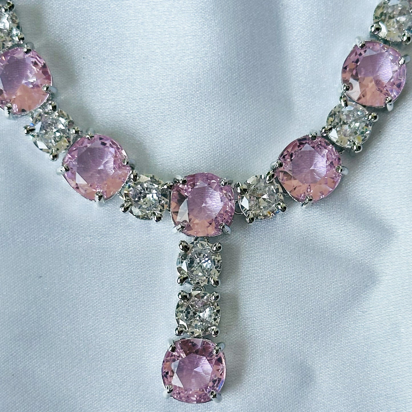 Pink Topaz Cubic Zircon Stones American Diamond Silver Plated Necklace Set