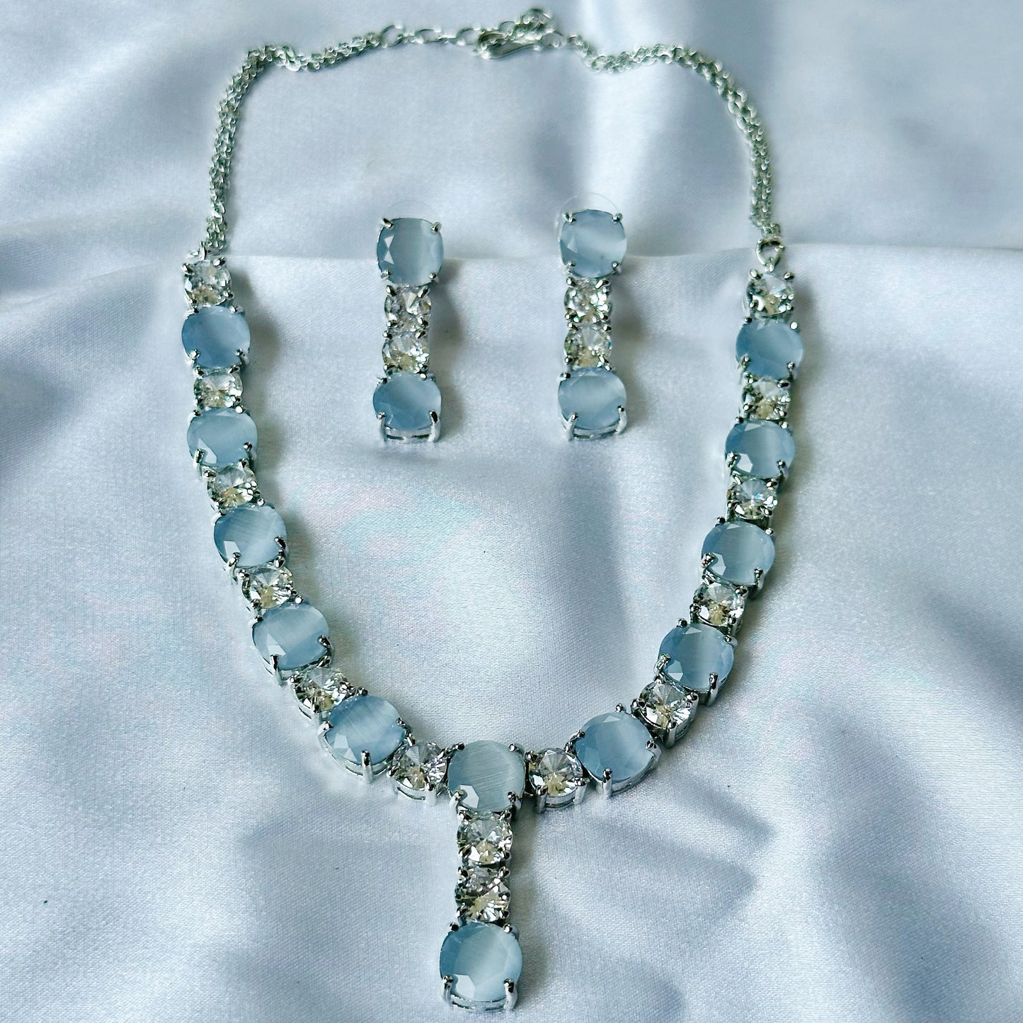 Grey Opal Zircon Stones American Diamond Silver Plated Necklace Set