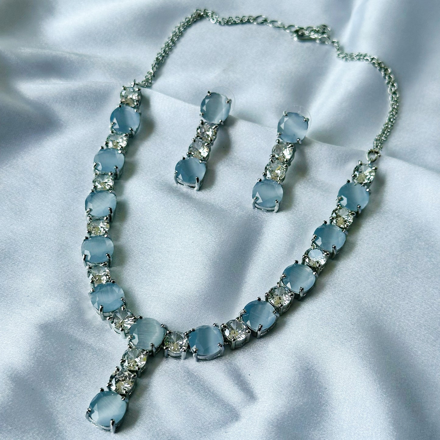 Grey Opal Zircon Stones American Diamond Silver Plated Necklace Set