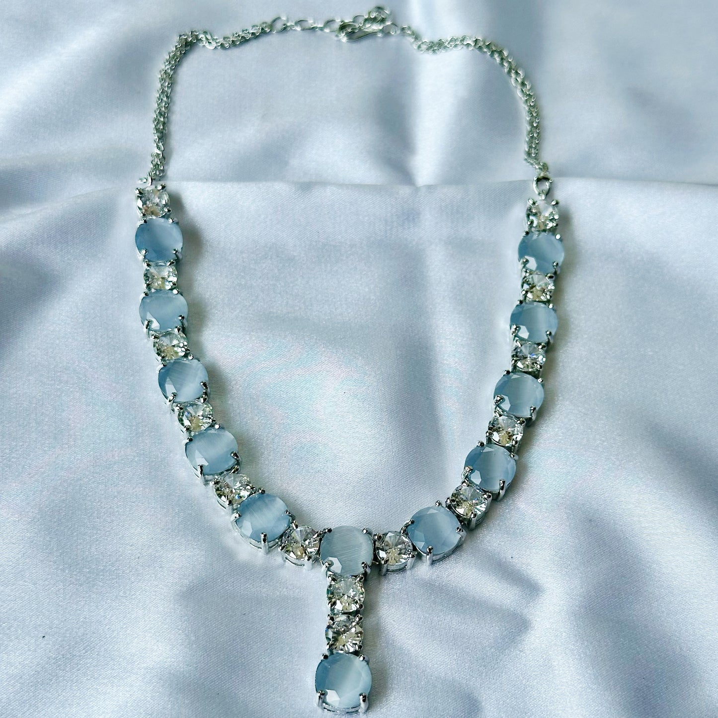 Grey Opal Zircon Stones American Diamond Silver Plated Necklace Set
