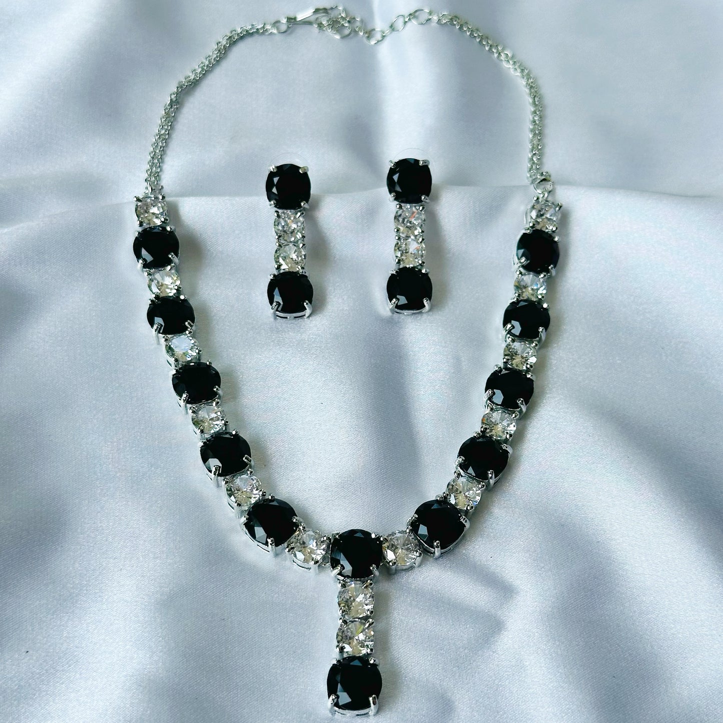 Black Zircon Stones American Diamond Silver Plated Necklace Set