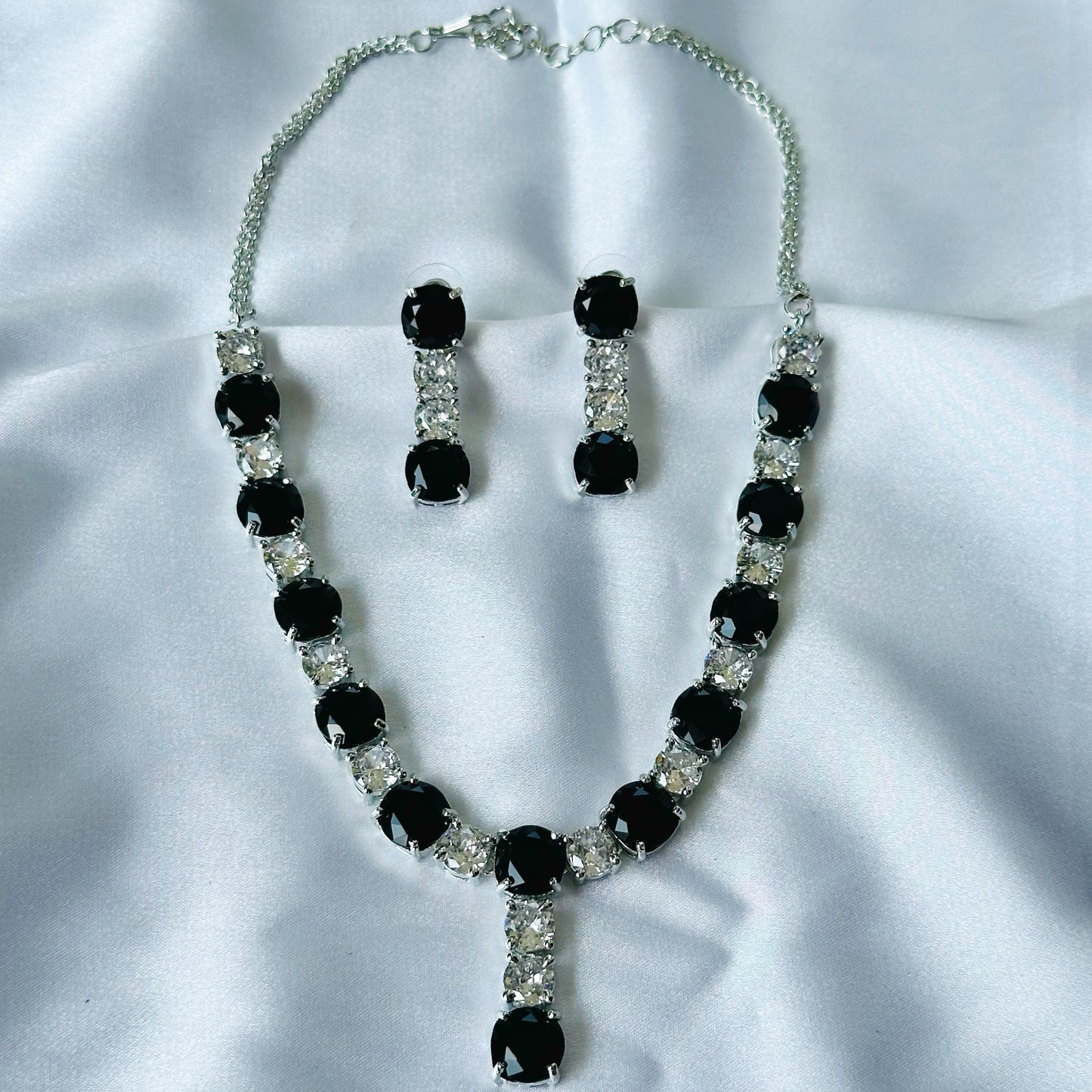 Black Zircon Stones American Diamond Silver Plated Necklace Set