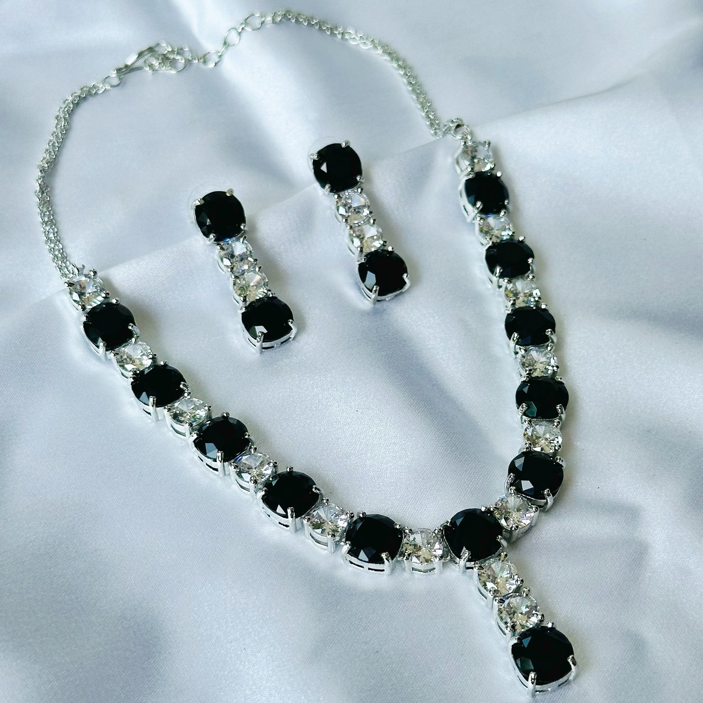 Black Zircon Stones American Diamond Silver Plated Necklace Set