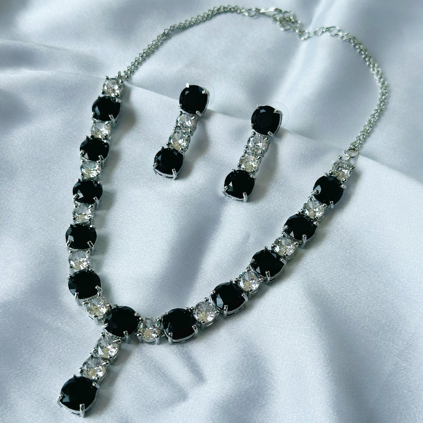 Black Zircon Stones American Diamond Silver Plated Necklace Set
