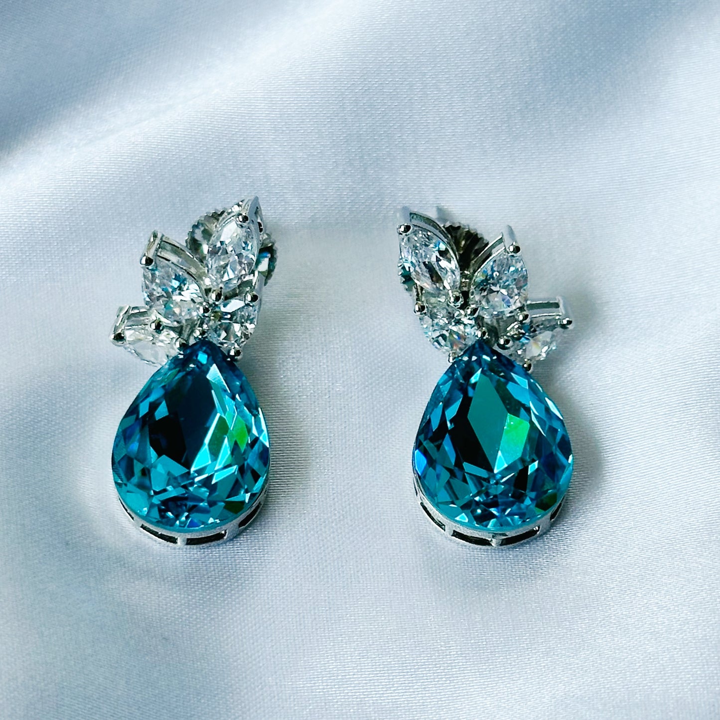 Aqua Blue Indicolite Swarovski Crystal Silver Plated Earrings