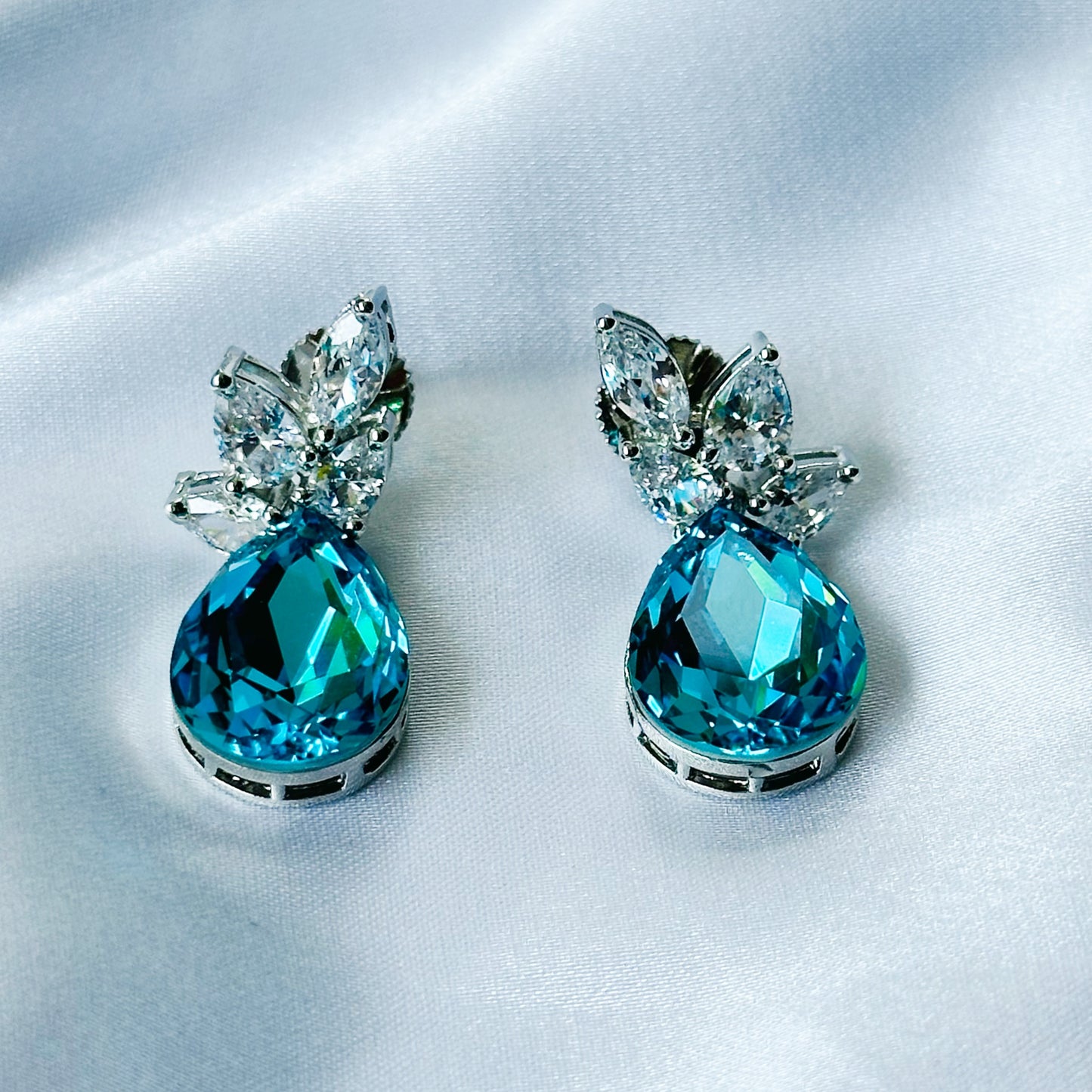 Aqua Blue Indicolite Swarovski Crystal Silver Plated Earrings