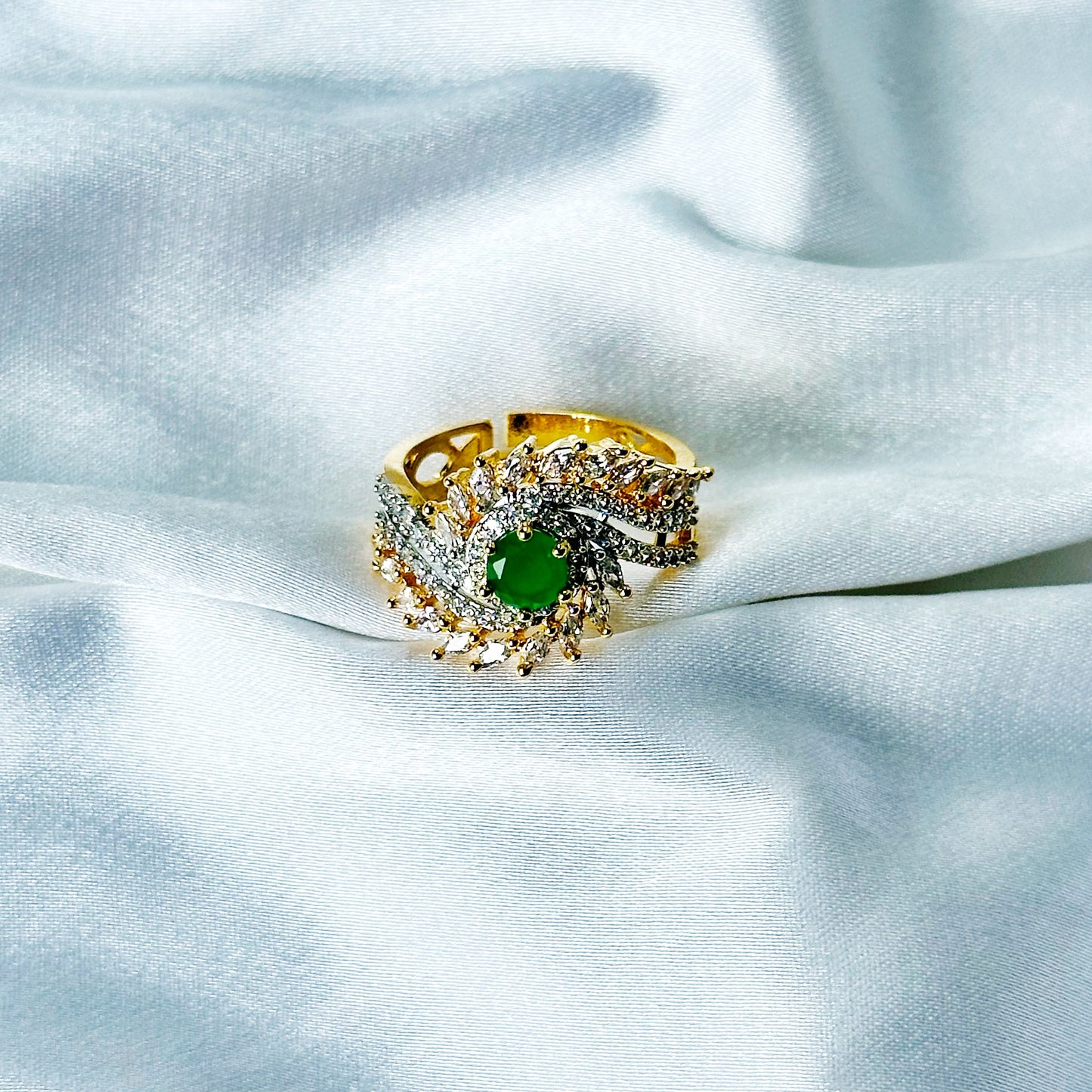 Green Emerald Cubic Zircon American Diamond Gold/Silver Plated Adjustable Ring
