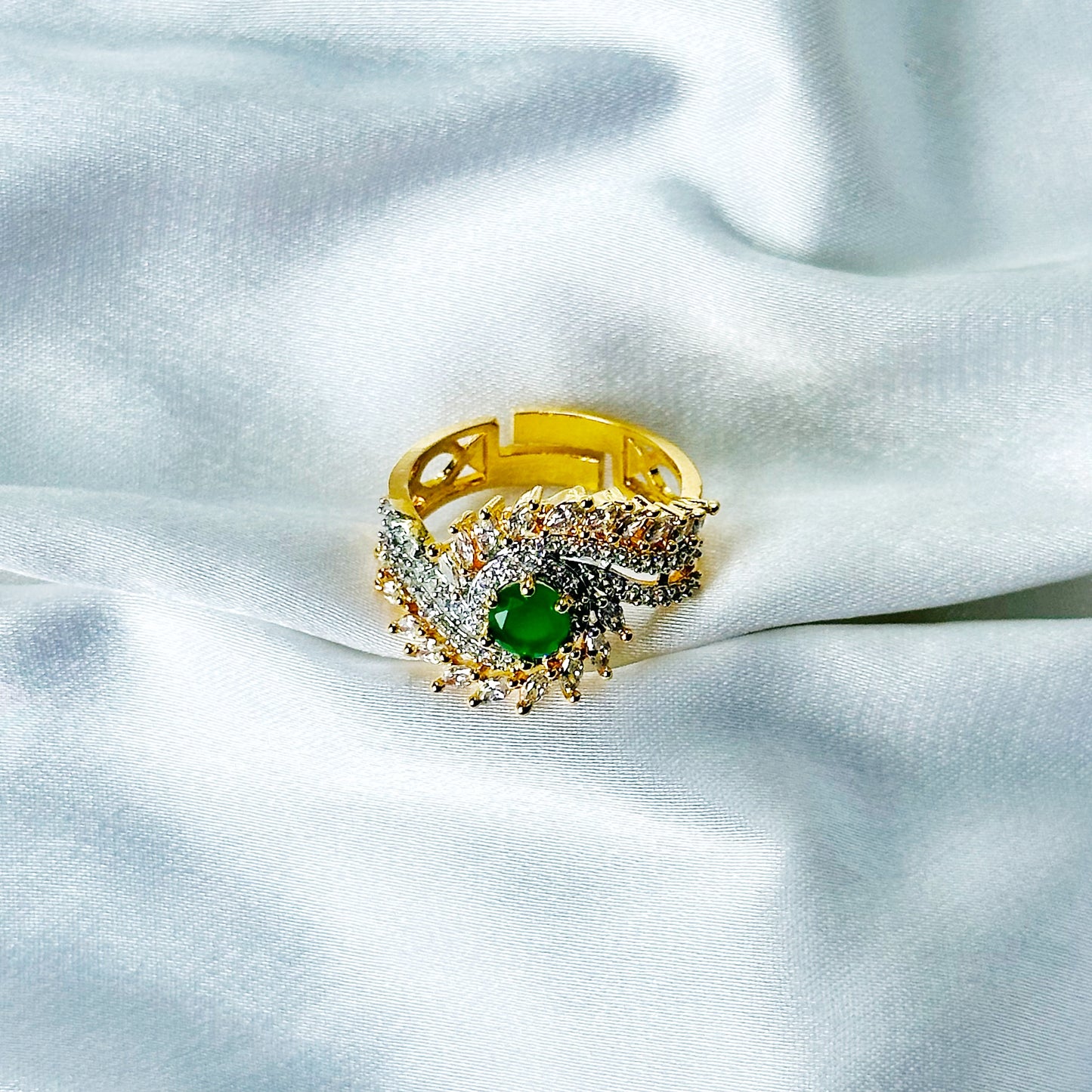 Green Emerald Cubic Zircon American Diamond Gold/Silver Plated Adjustable Ring