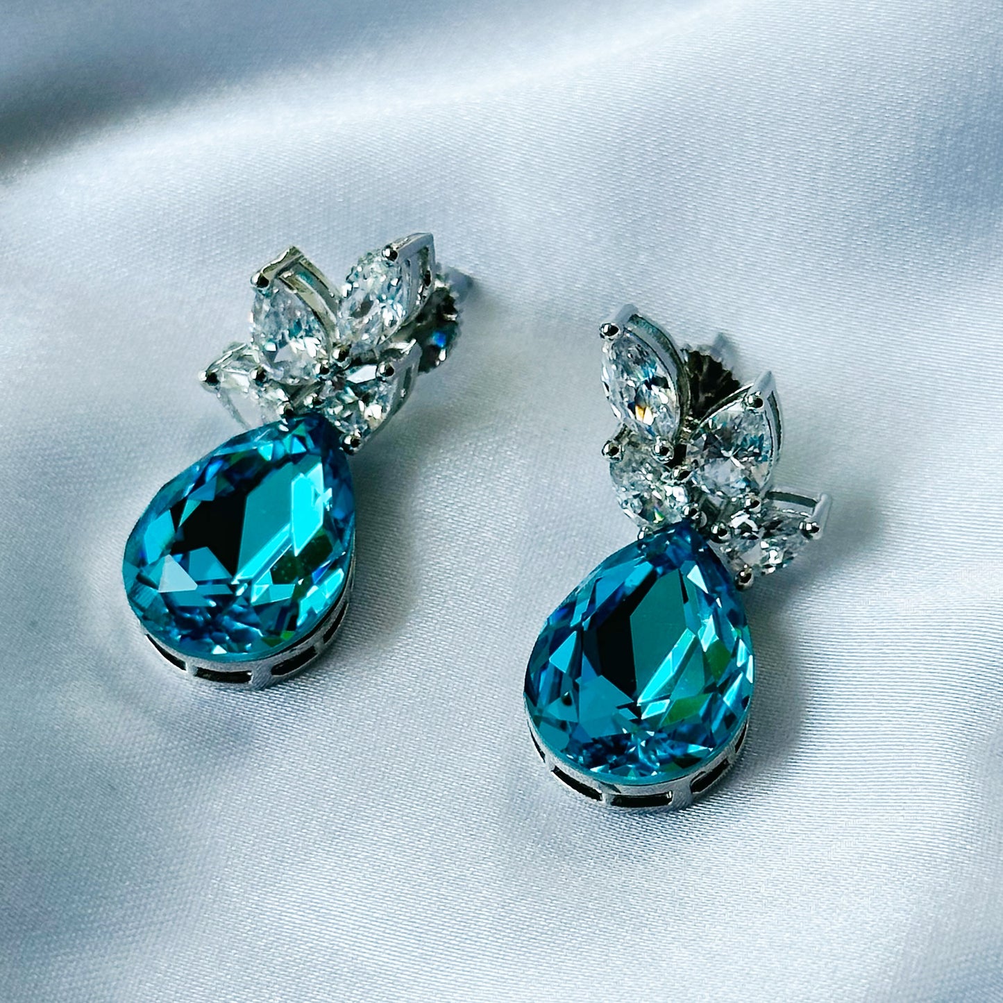 Aqua Blue Indicolite Swarovski Crystal Silver Plated Earrings