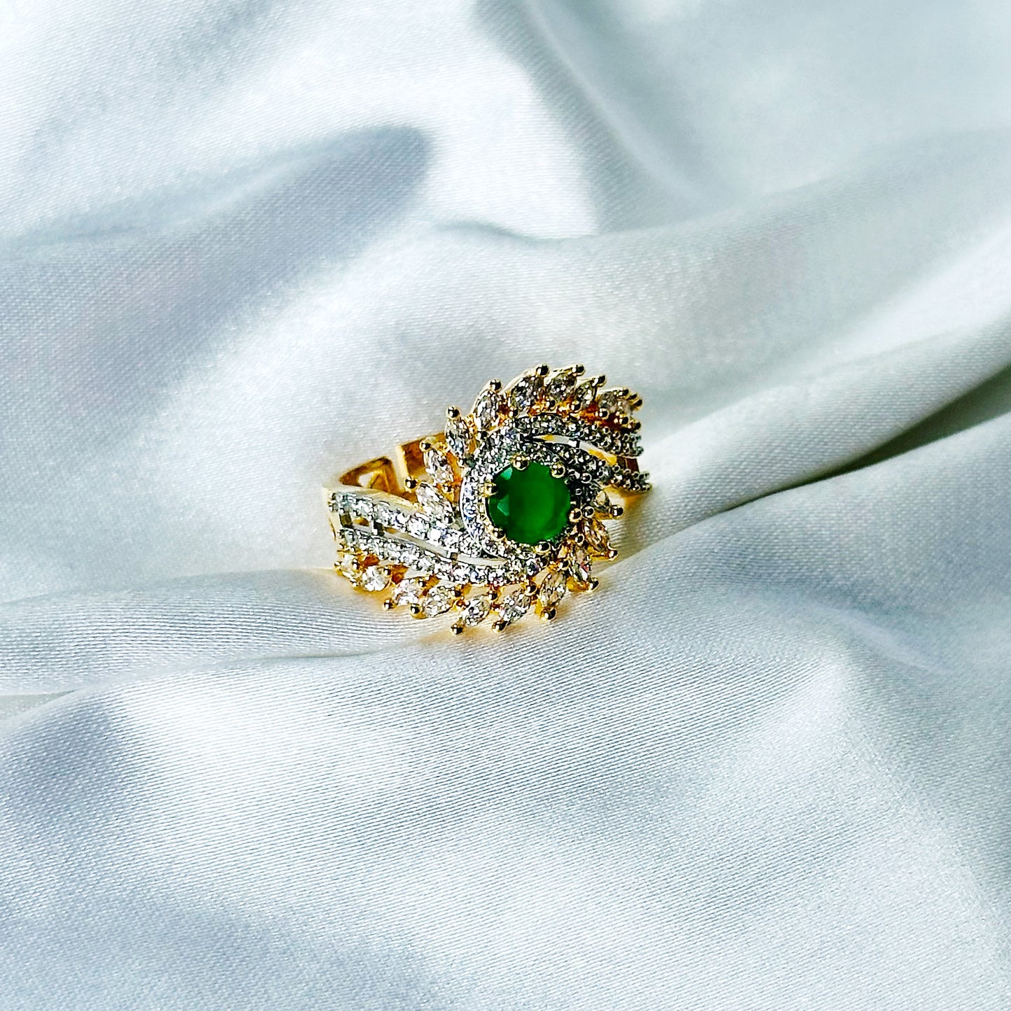 Green Emerald Cubic Zircon American Diamond Gold/Silver Plated Adjustable Ring