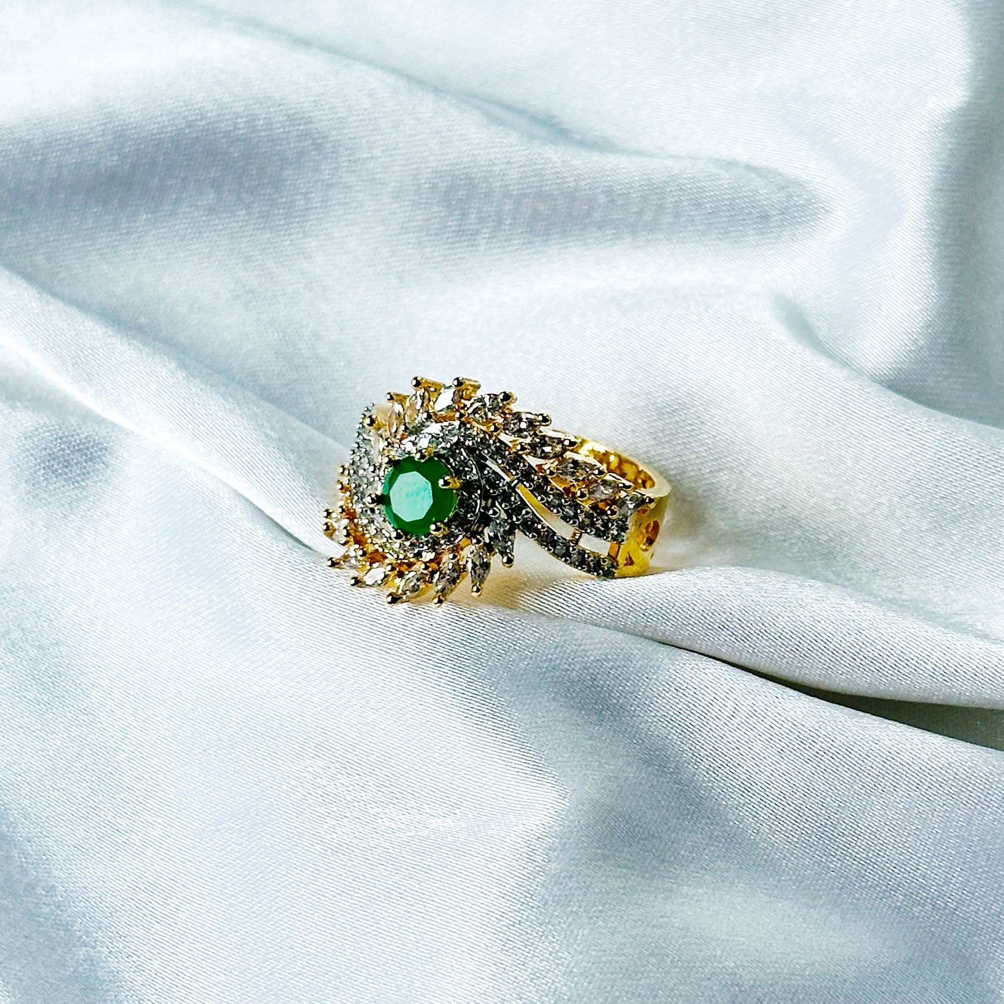 Green Emerald Cubic Zircon American Diamond Gold/Silver Plated Adjustable Ring