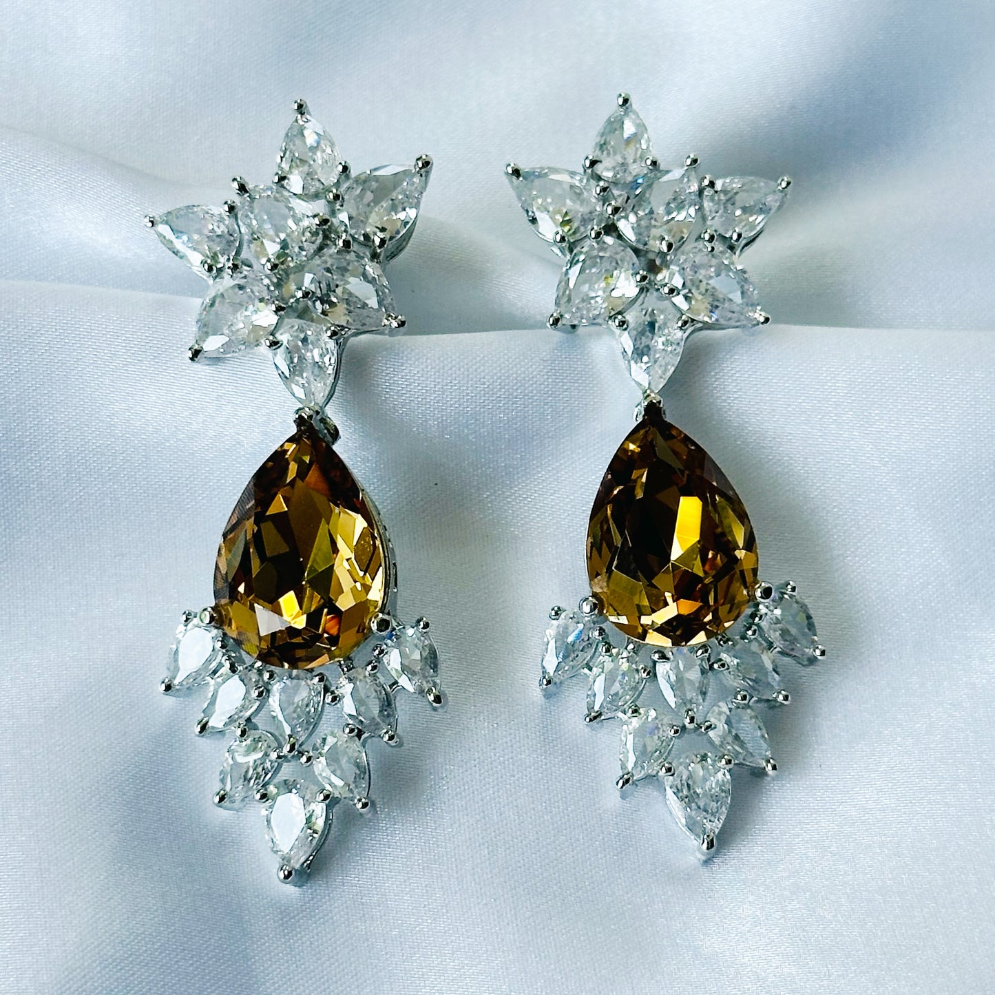 Yellow Topaz Swarovski Crystal American Diamond Silver Plated Earrings