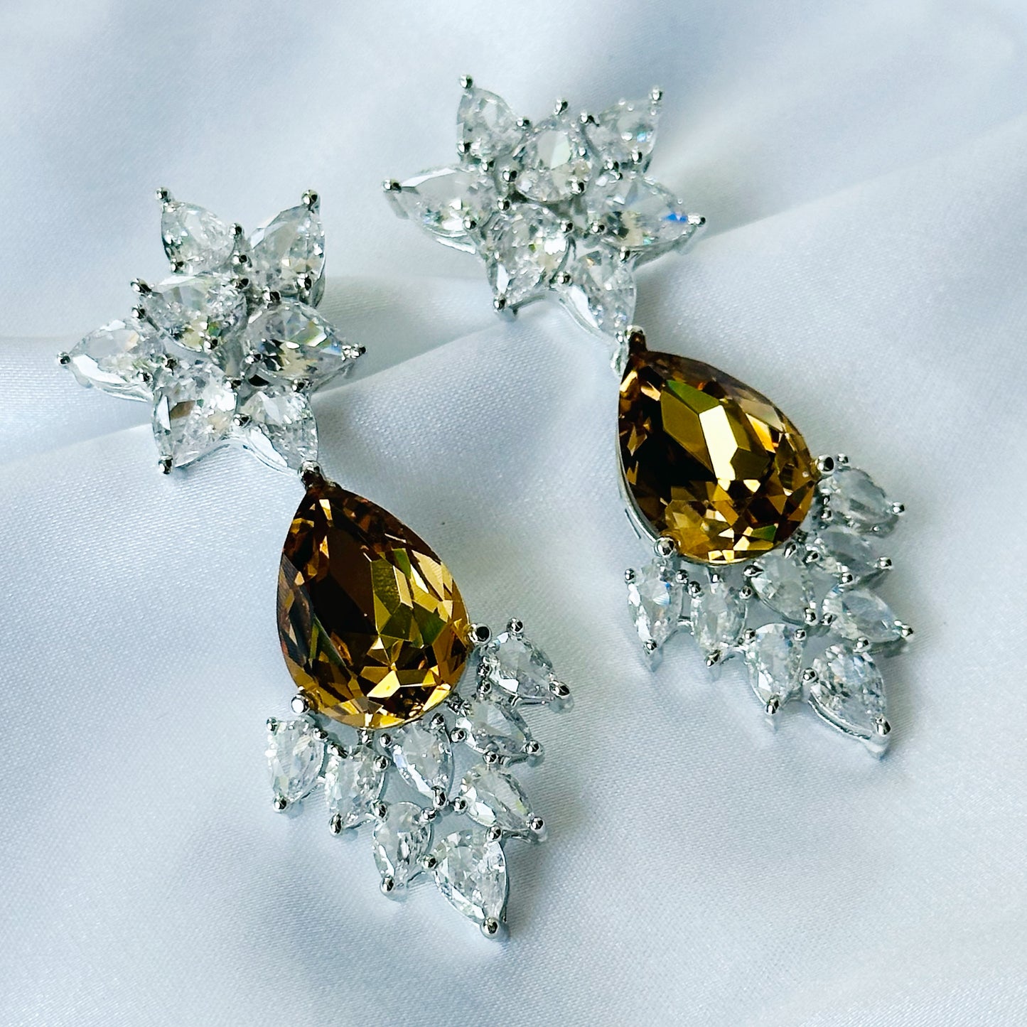 Yellow Topaz Swarovski Crystal American Diamond Silver Plated Earrings