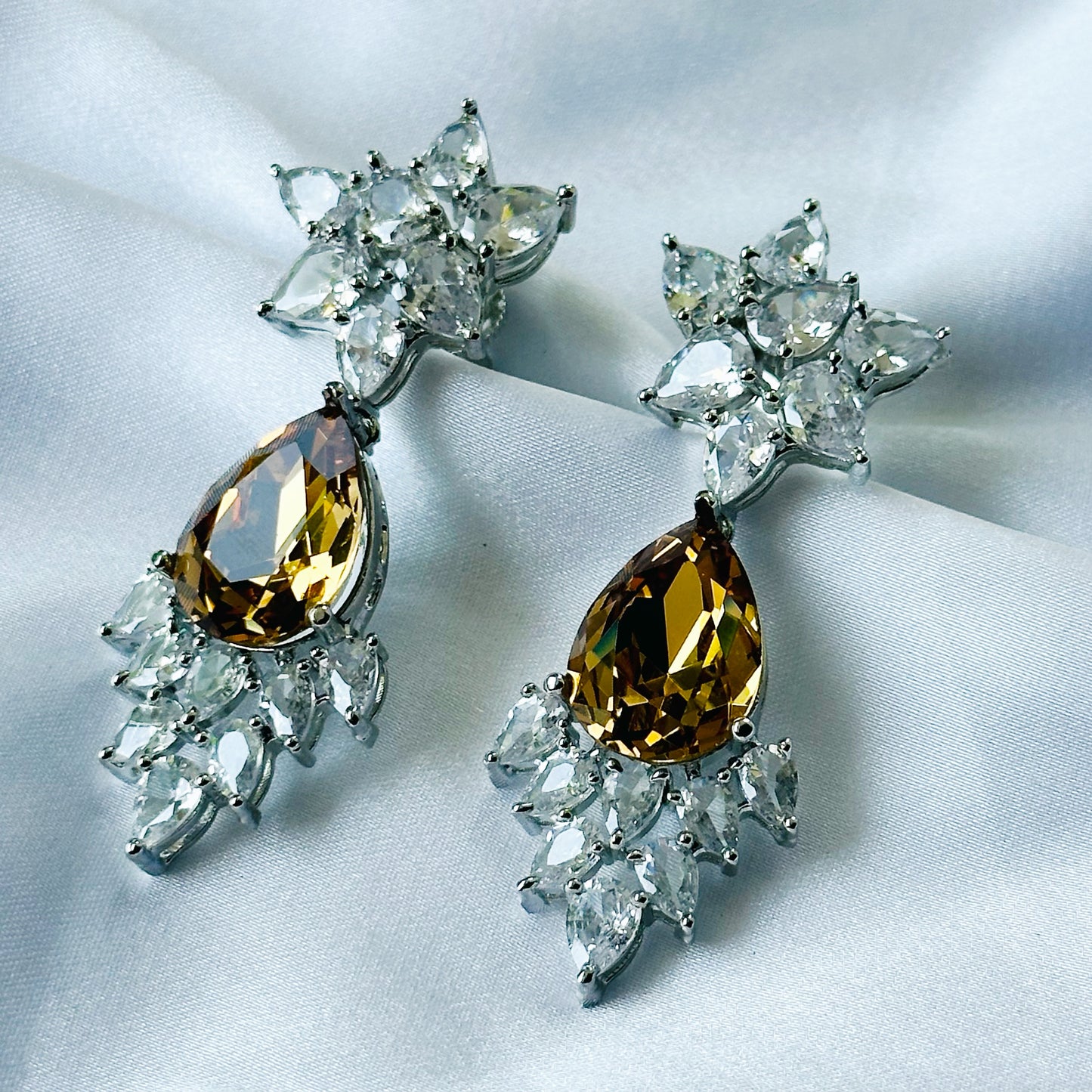 Yellow Topaz Swarovski Crystal American Diamond Silver Plated Earrings