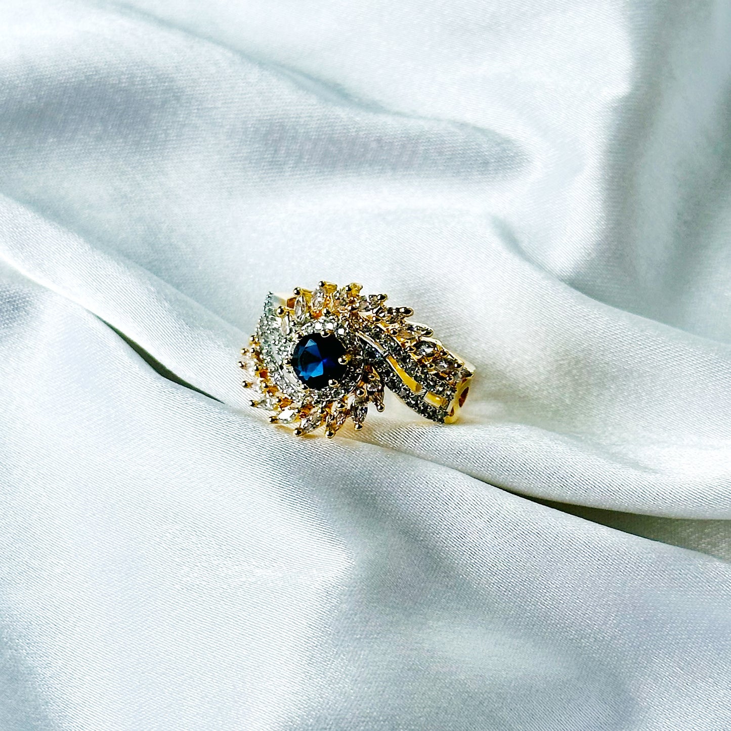 Blue Sapphire Cubic Zirconia American Diamond Gold/Silver Plated Adjustable Ring