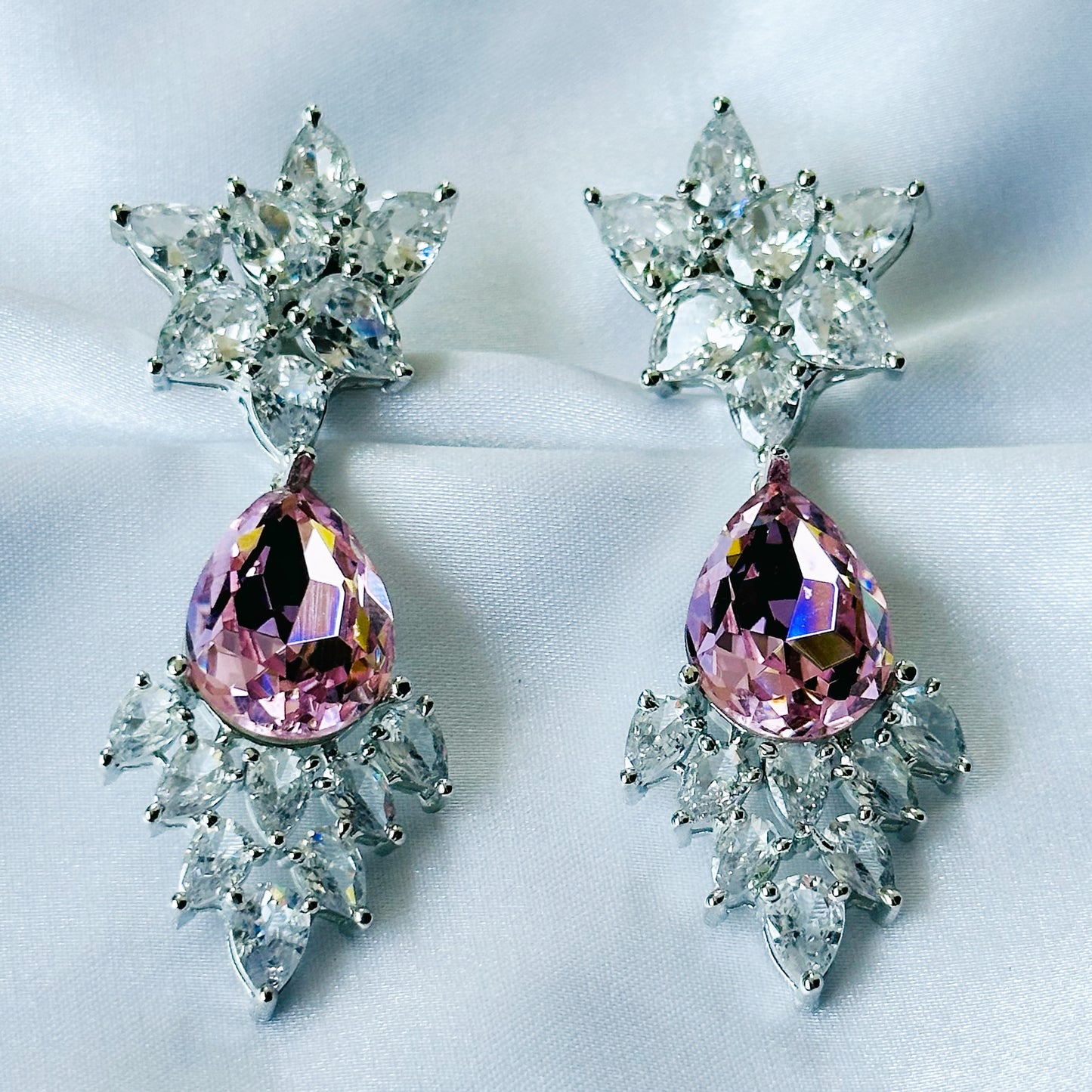 Lt Pink Rose Swarovski Crystal American Diamond Silver Plated Earrings