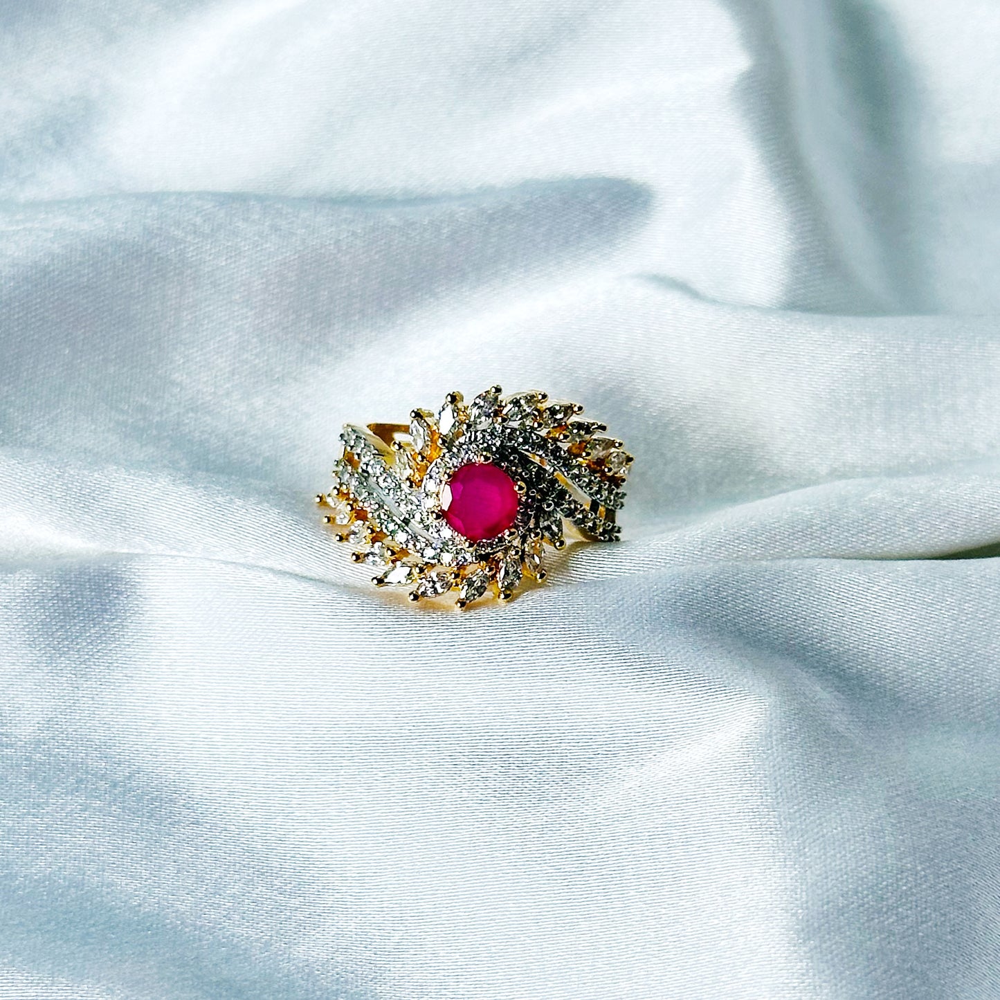 Red Ruby Cubic Zircon American Diamond Gold/Silver Plated Adjustable Ring