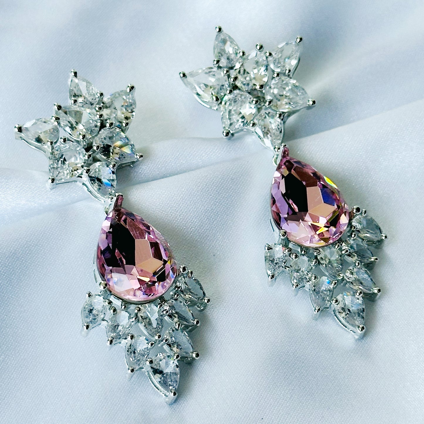 Lt Pink Rose Swarovski Crystal American Diamond Silver Plated Earrings