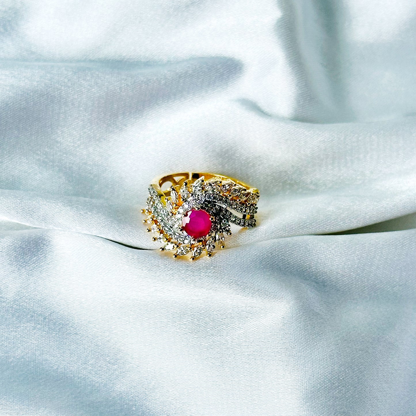 Red Ruby Cubic Zircon American Diamond Gold/Silver Plated Adjustable Ring