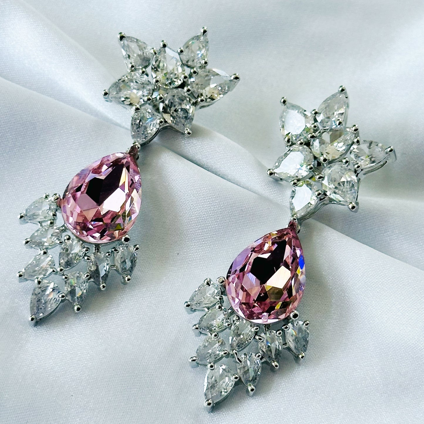 Lt Pink Rose Swarovski Crystal American Diamond Silver Plated Earrings