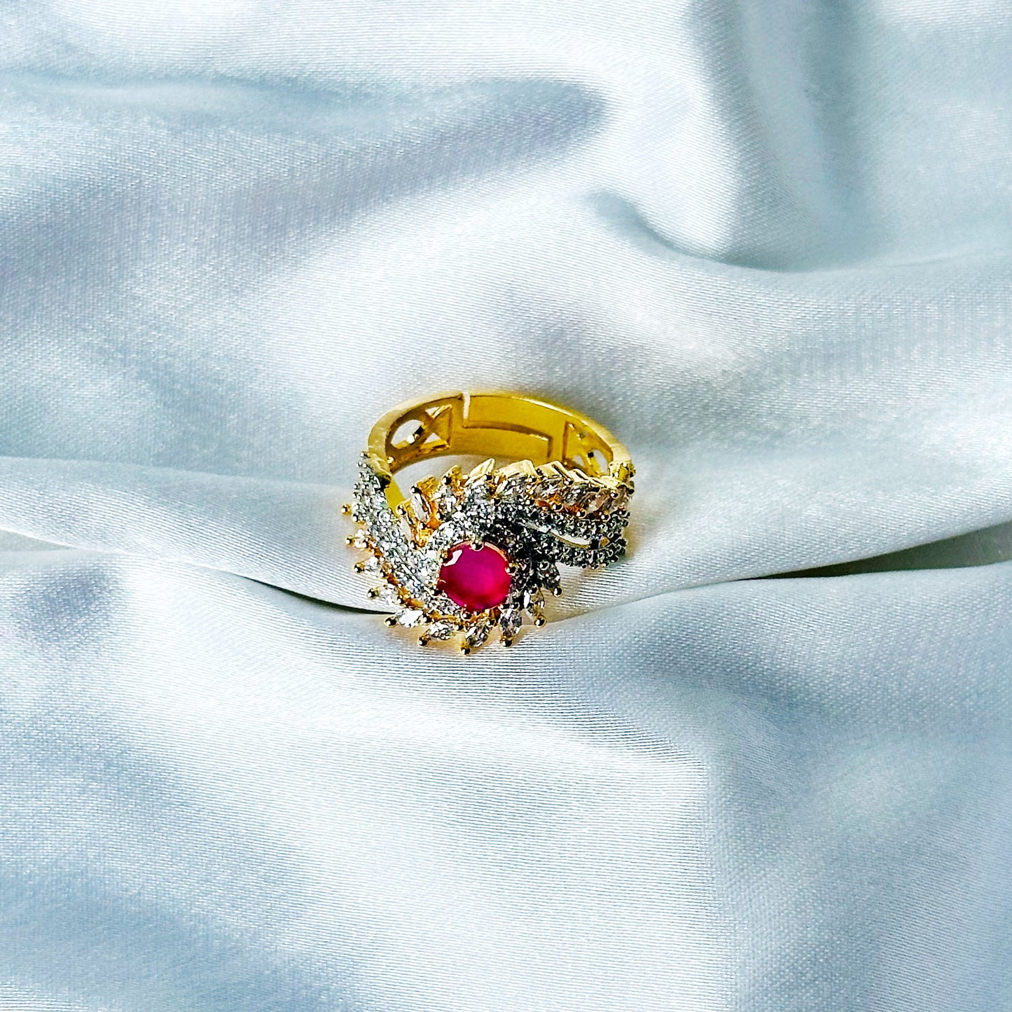 Red Ruby Cubic Zircon American Diamond Gold/Silver Plated Adjustable Ring